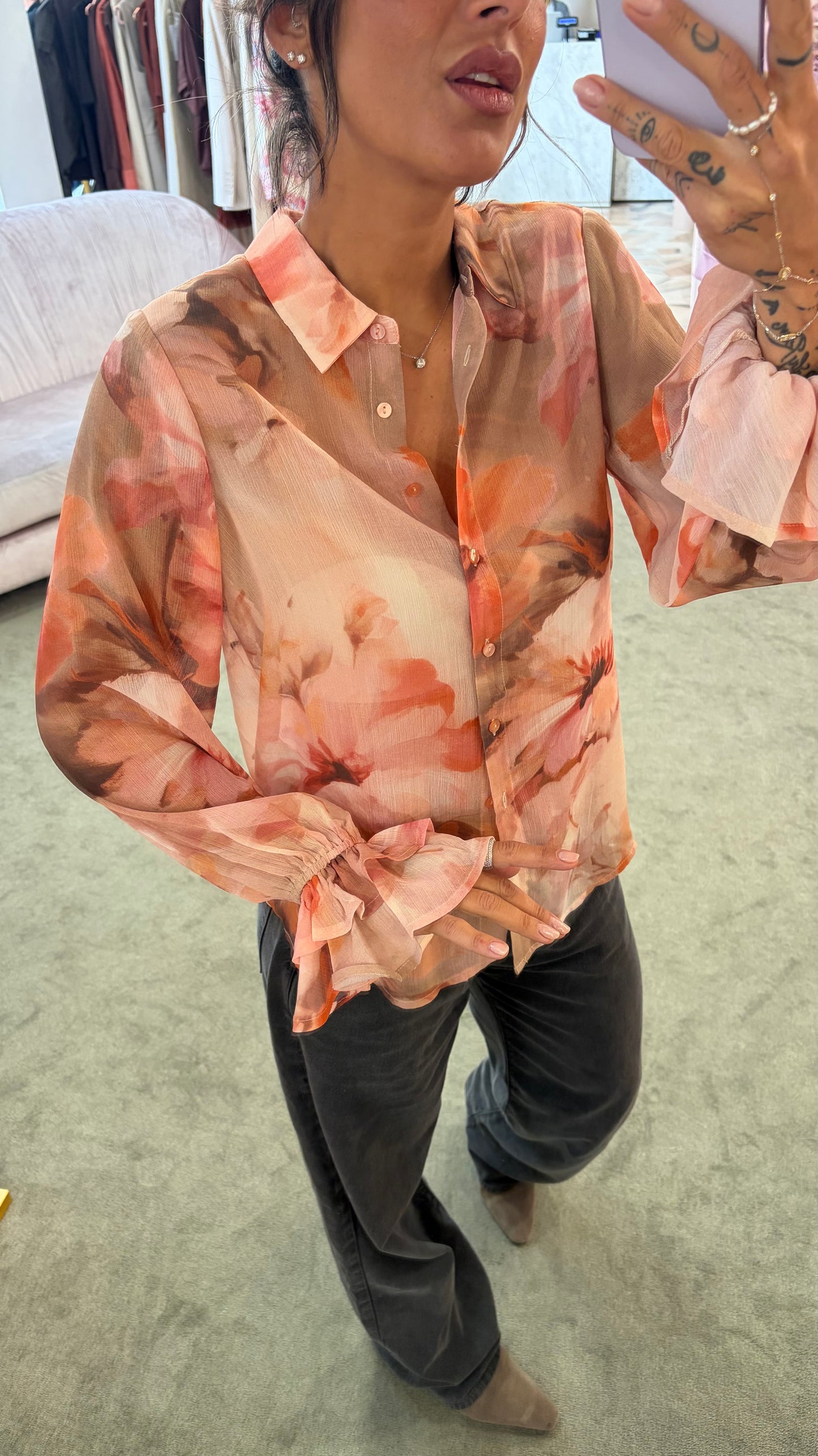 Camicia carmen pesca con fiori sy