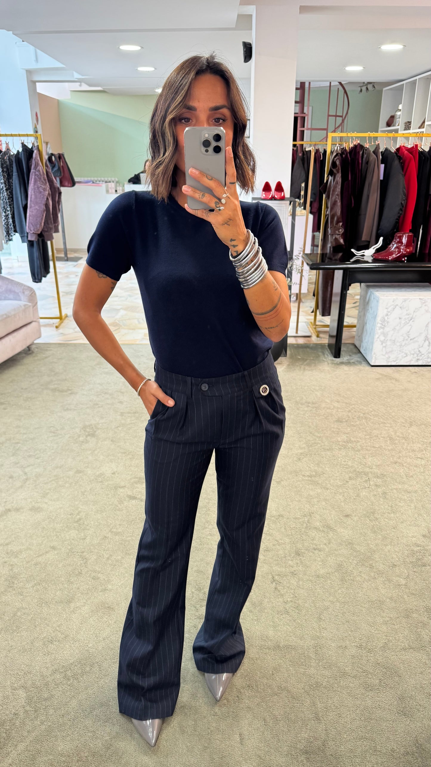 Pantaloni blu gessati a zampa fr