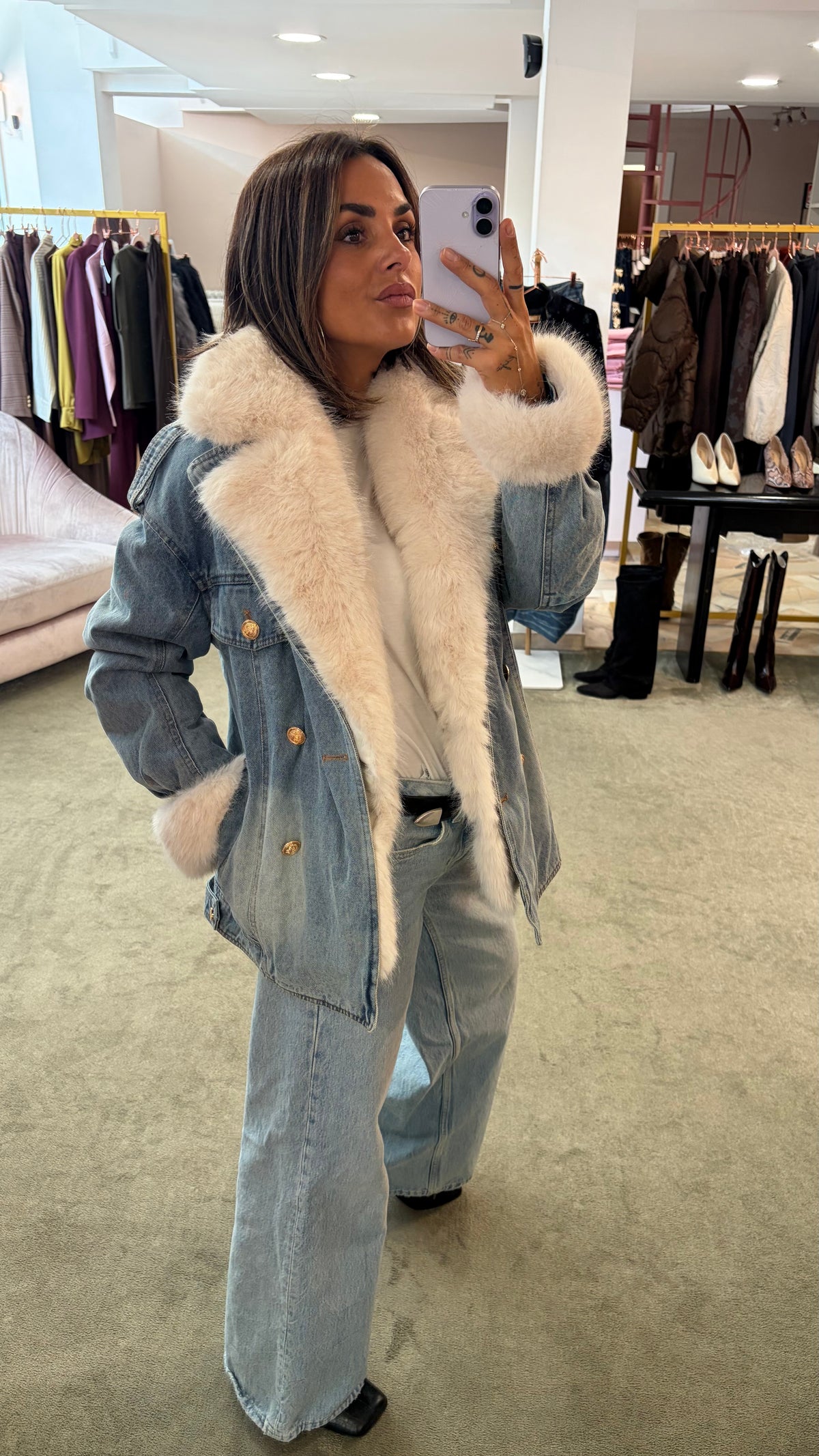 Giacca in denim con ecopelliccia panna fr