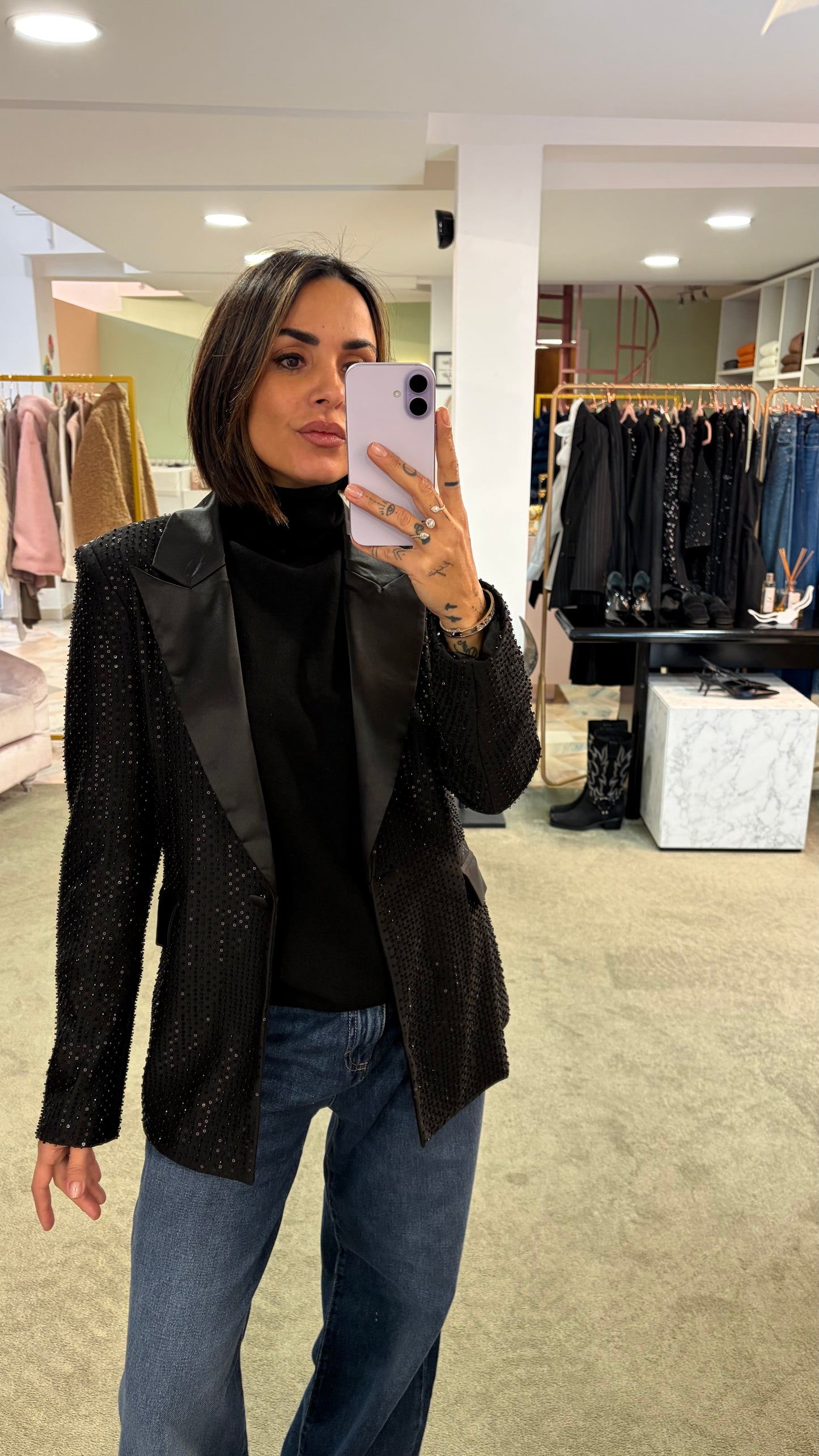 Blazer nero crystal con rever in raso fr