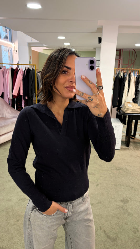 Maglione polo blu con micropaillettes ay