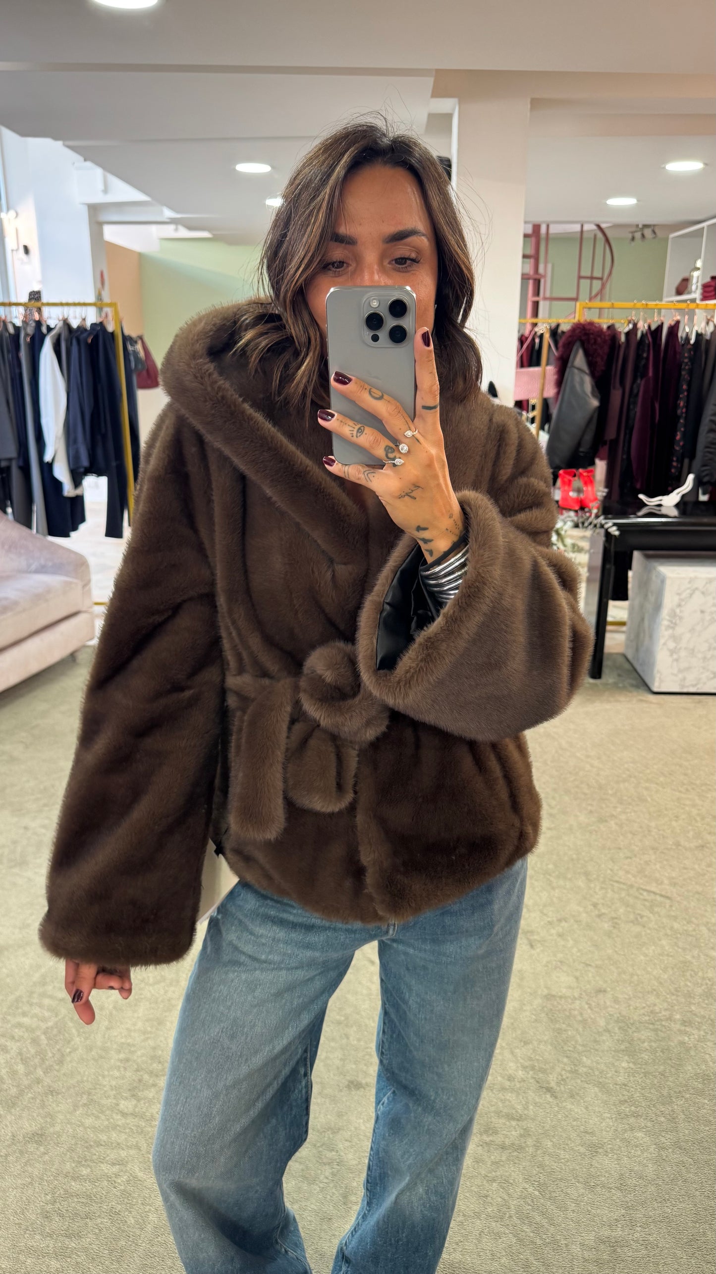 Pelliccia eco marrone luxury con cappuccio ys