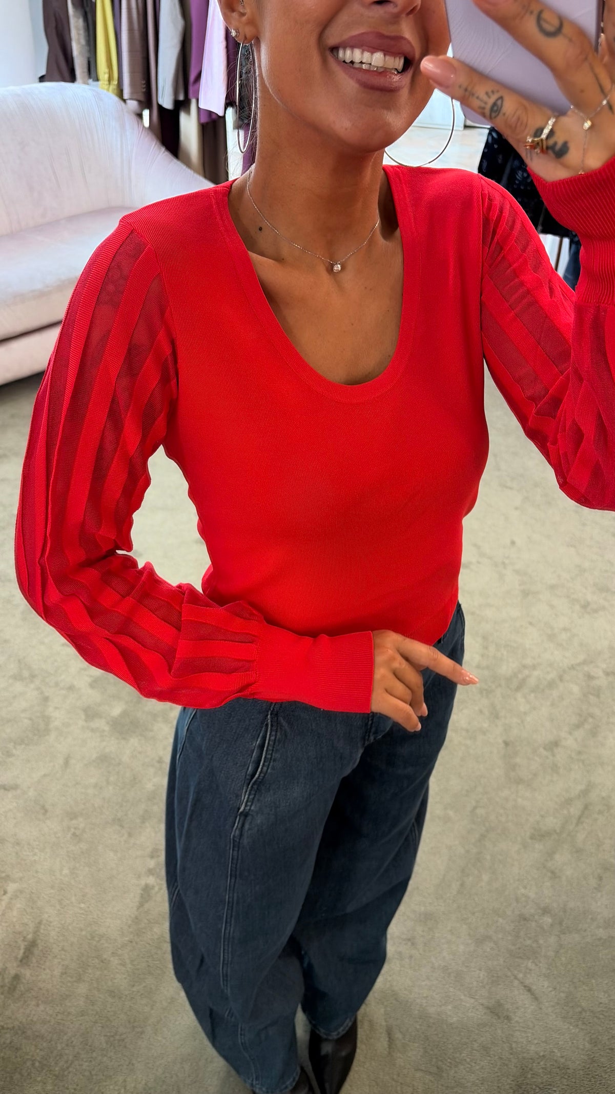 Maglia rossa girocollo maniche lunghe a righe fr