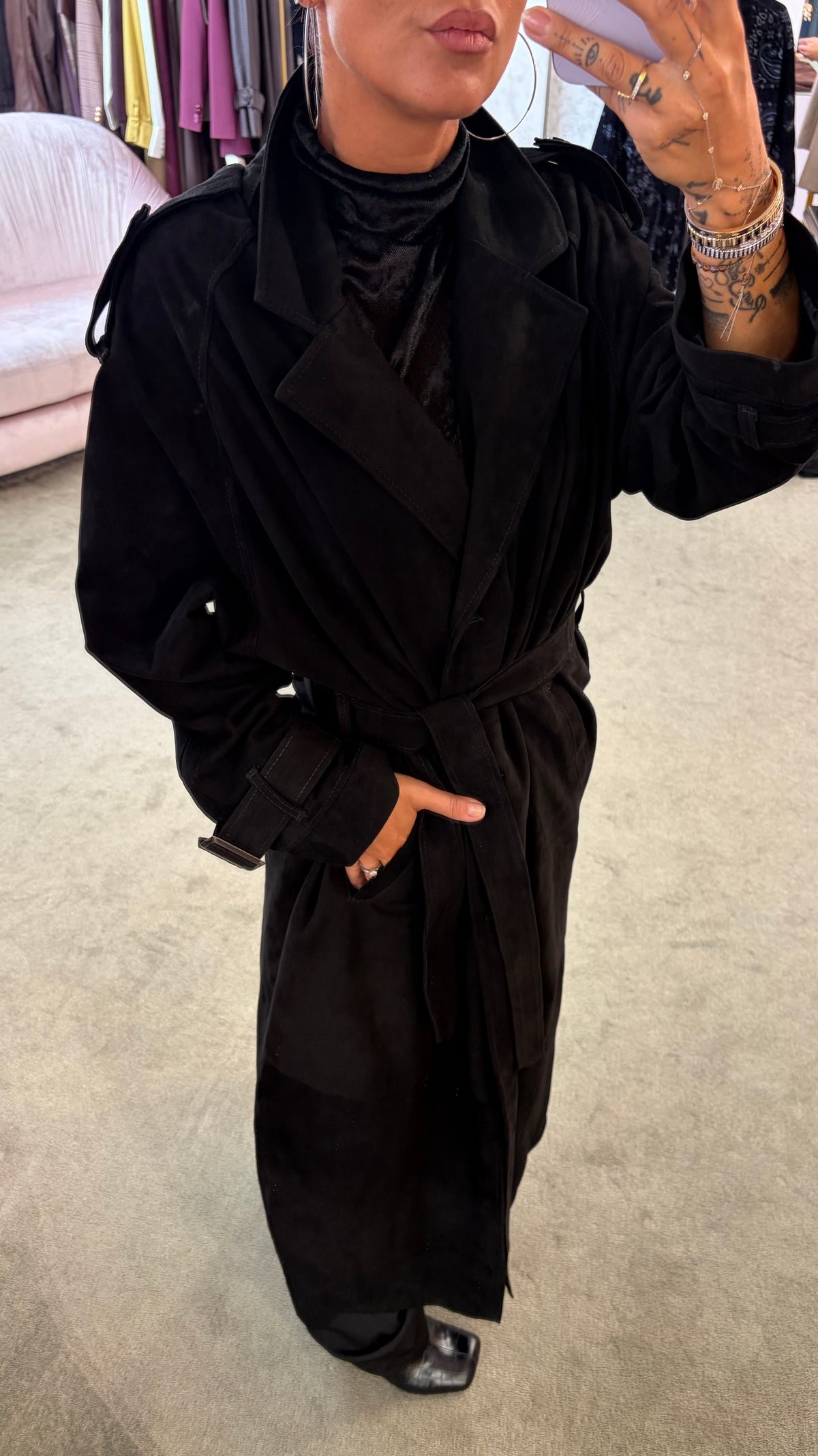 Trench nero lungo con cintura in pelle scamosciata Marsem