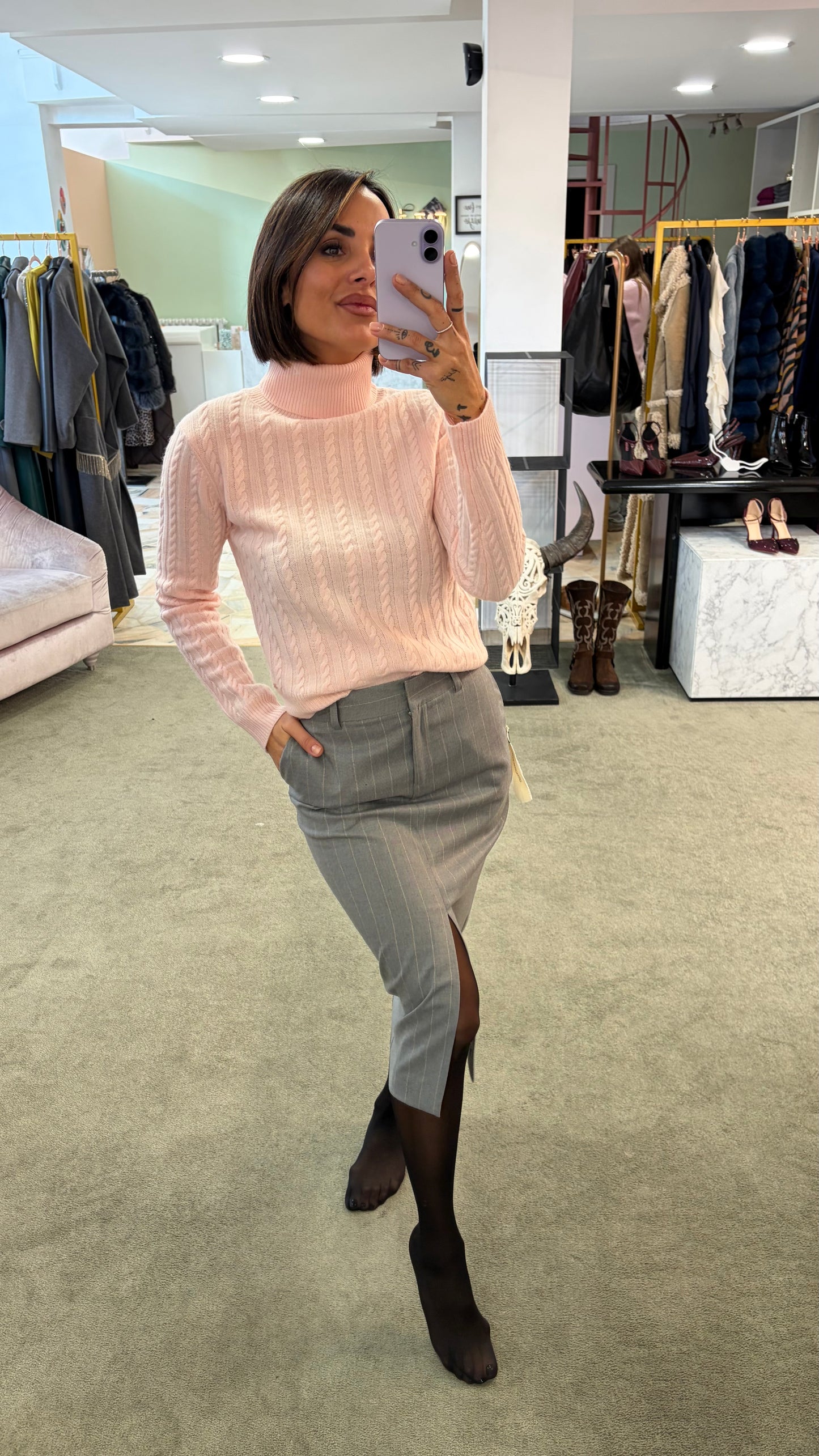 Gonna longuette MAR DE MARGARITAS grigia gessata con spacco