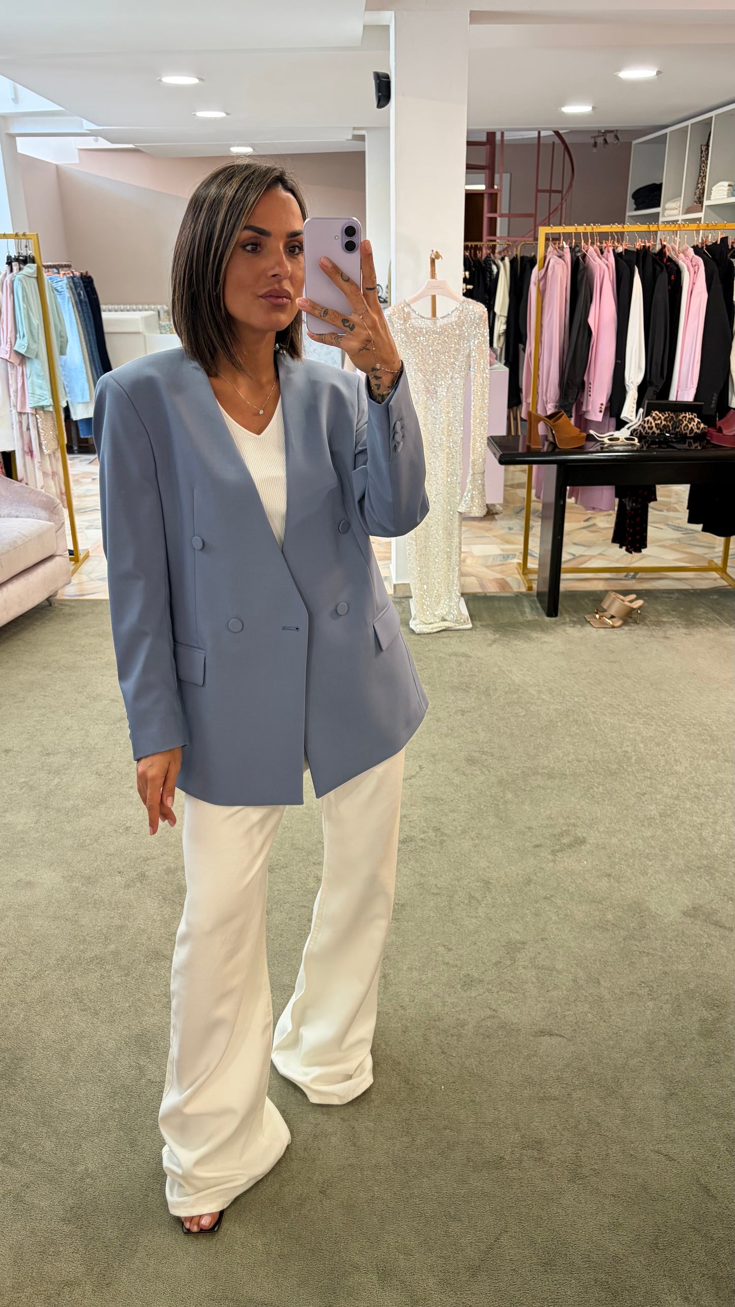 Blazer celeste doppiopetto senza rever Marsem