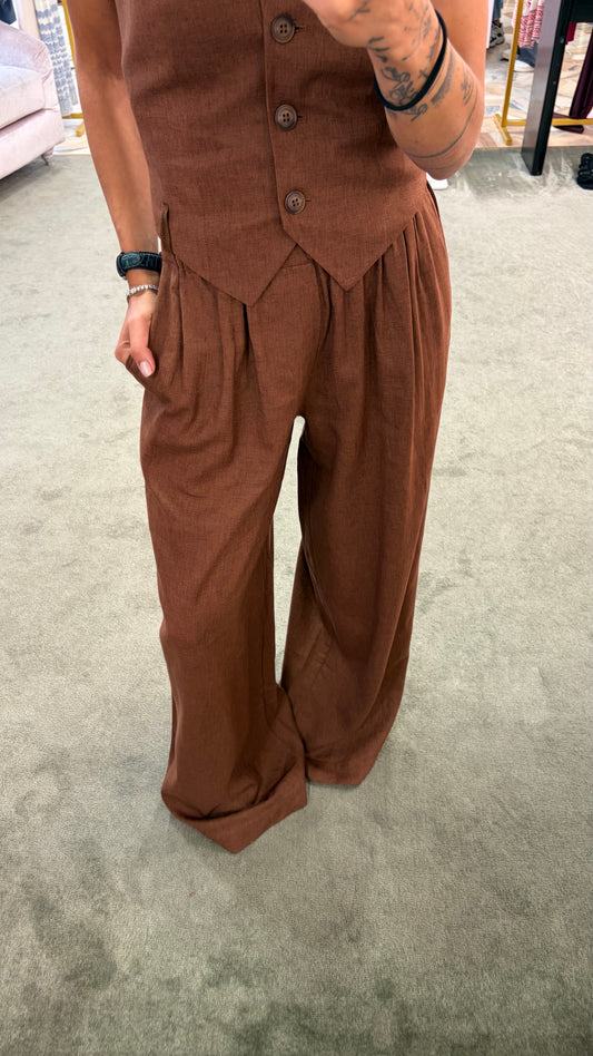 Pantaloni tabacco wide leg in lino Hinnominate