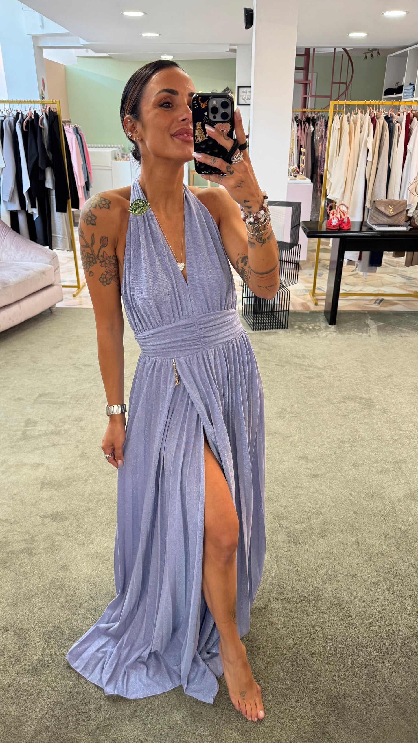 Abito lungo lavanda in maglia lurex plissettato con body fr