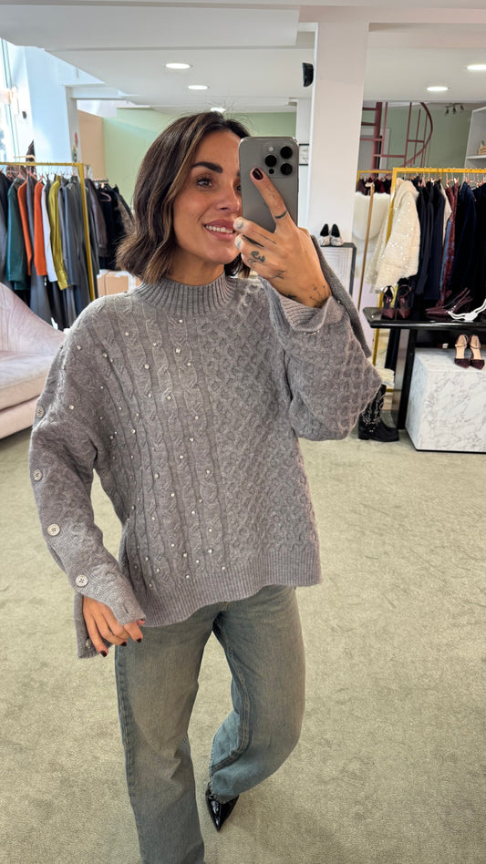 Maglione grigio a trecce con pietre fr