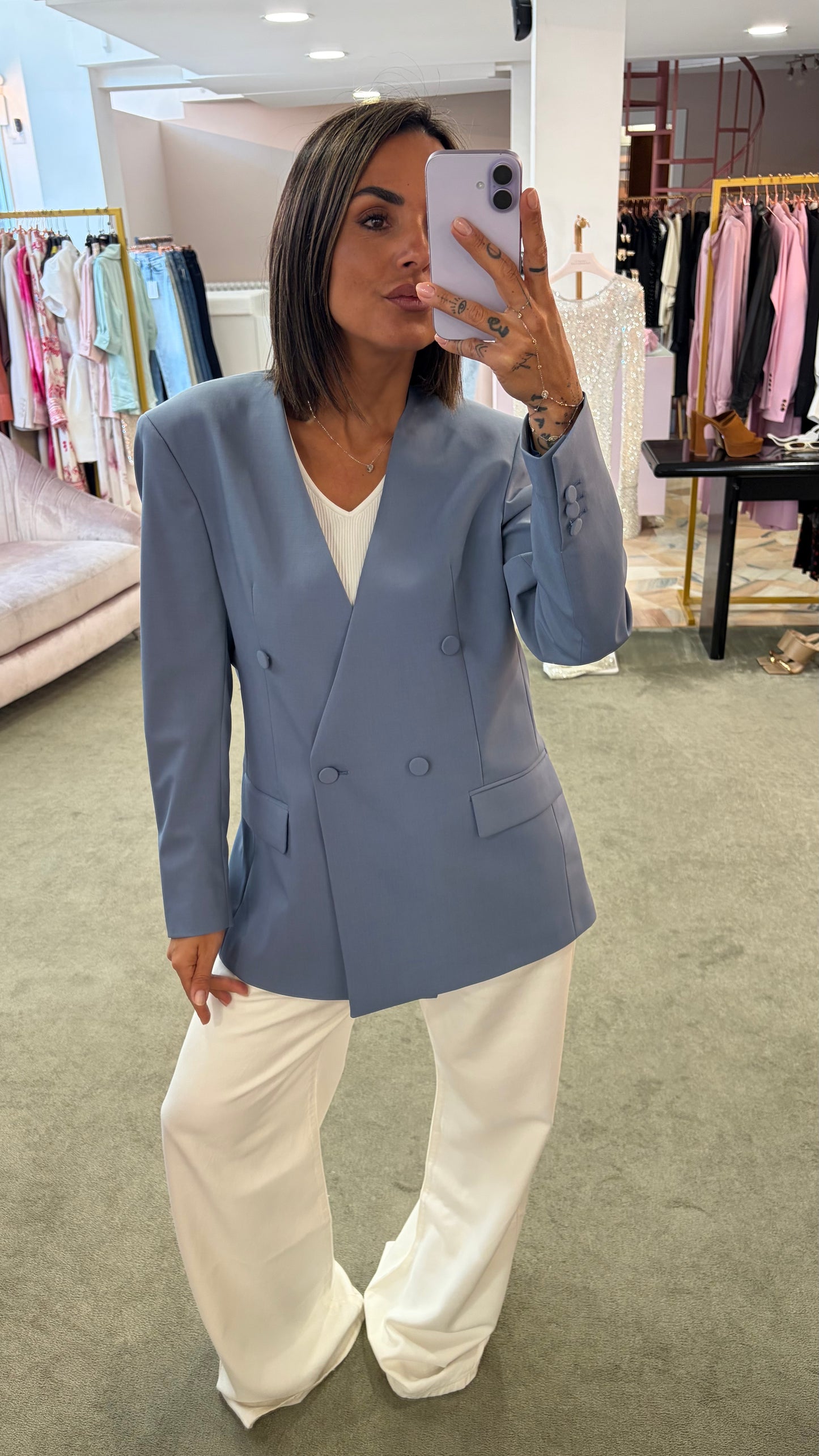 Blazer celeste doppiopetto senza rever Marsem