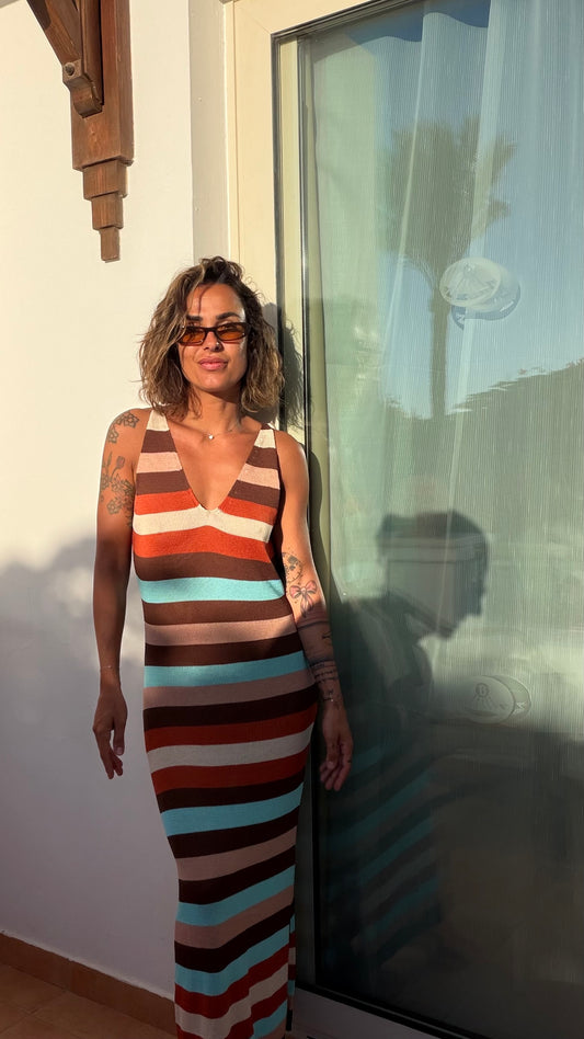 Abito lungo multicolor a righe in maglia Me Fui