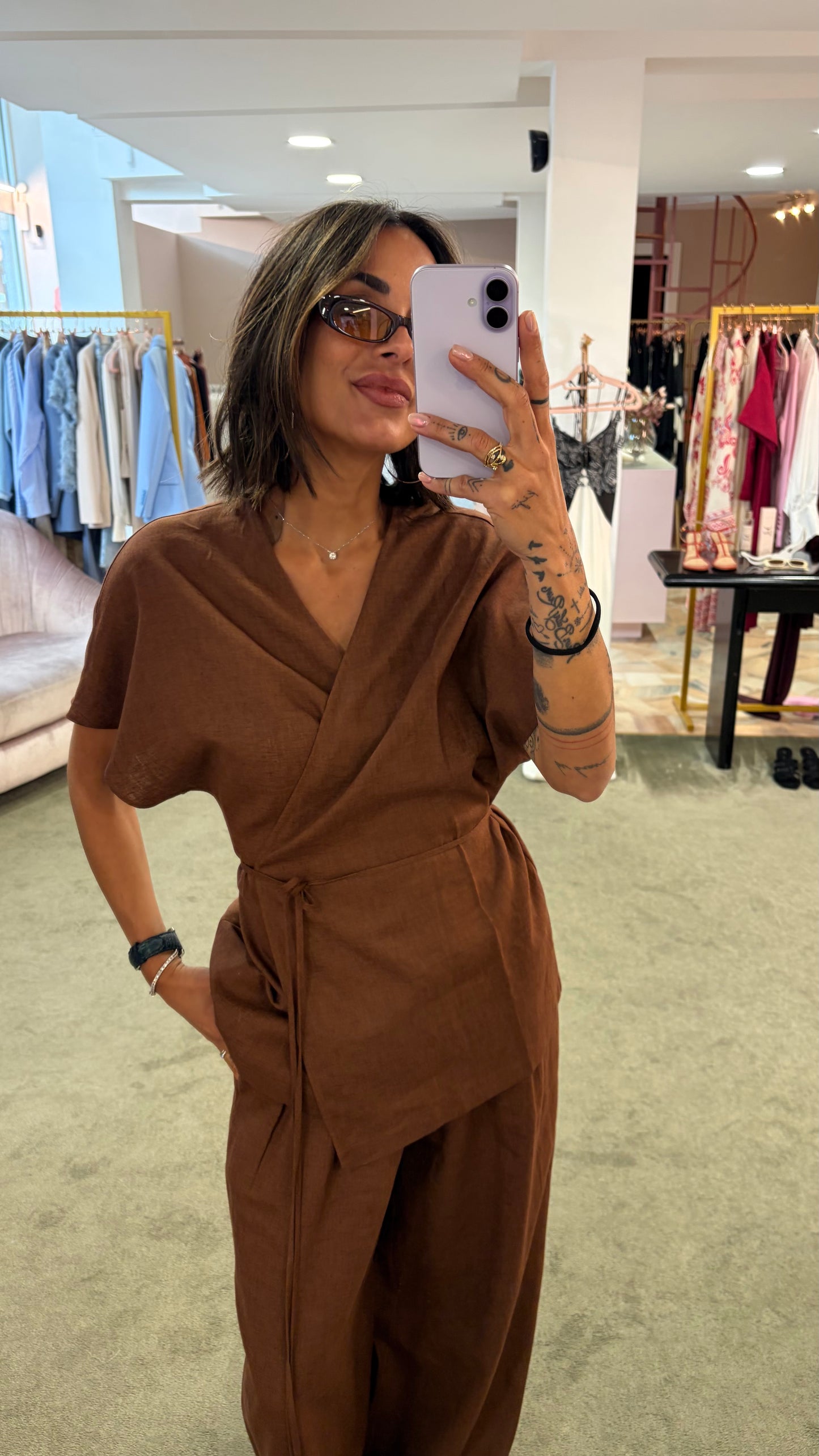 Camicia kimono tabacco con cintura in lino Hinnominate