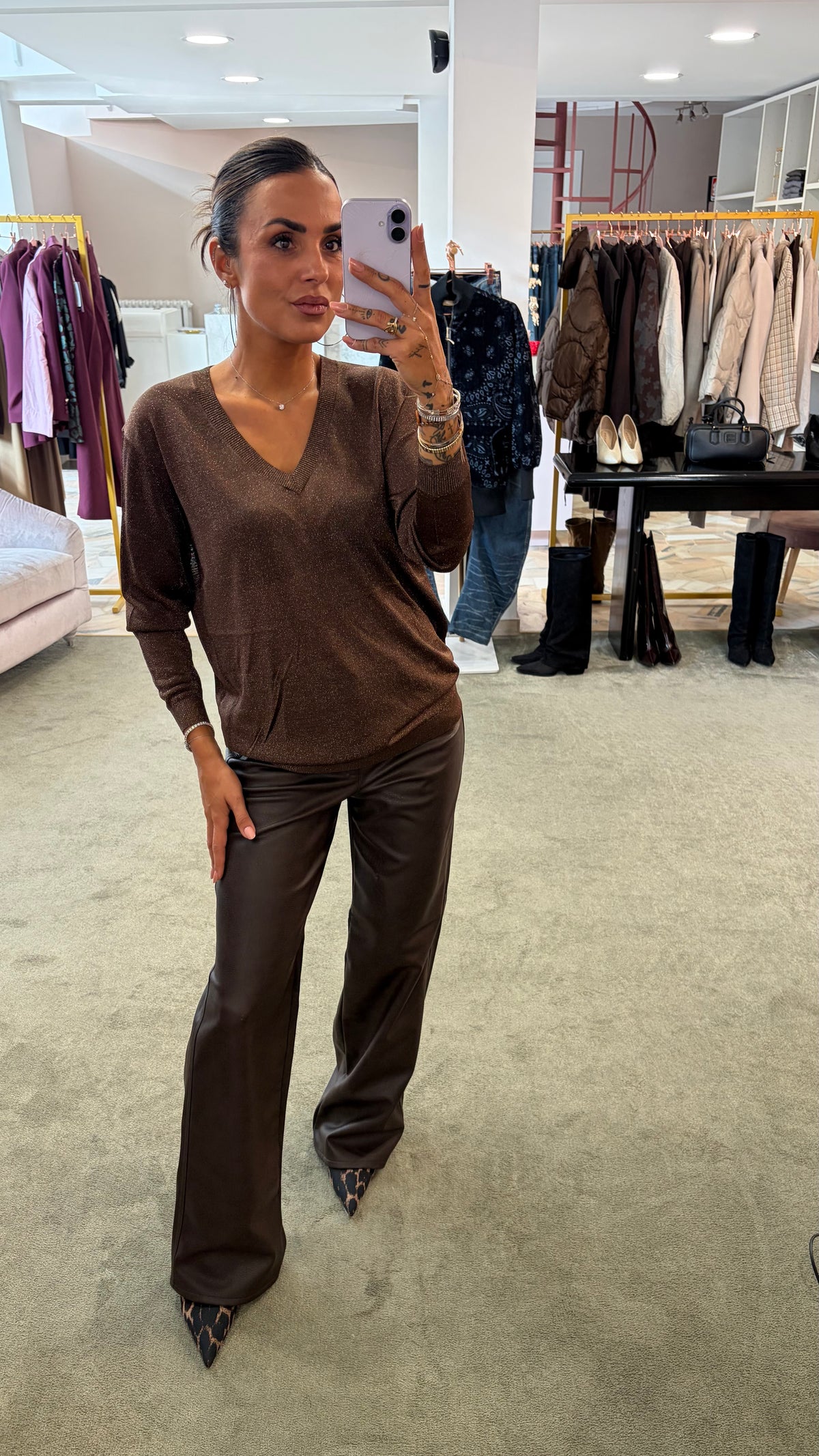 Maglia marrone lurex scollo a v maniche lunghe fr