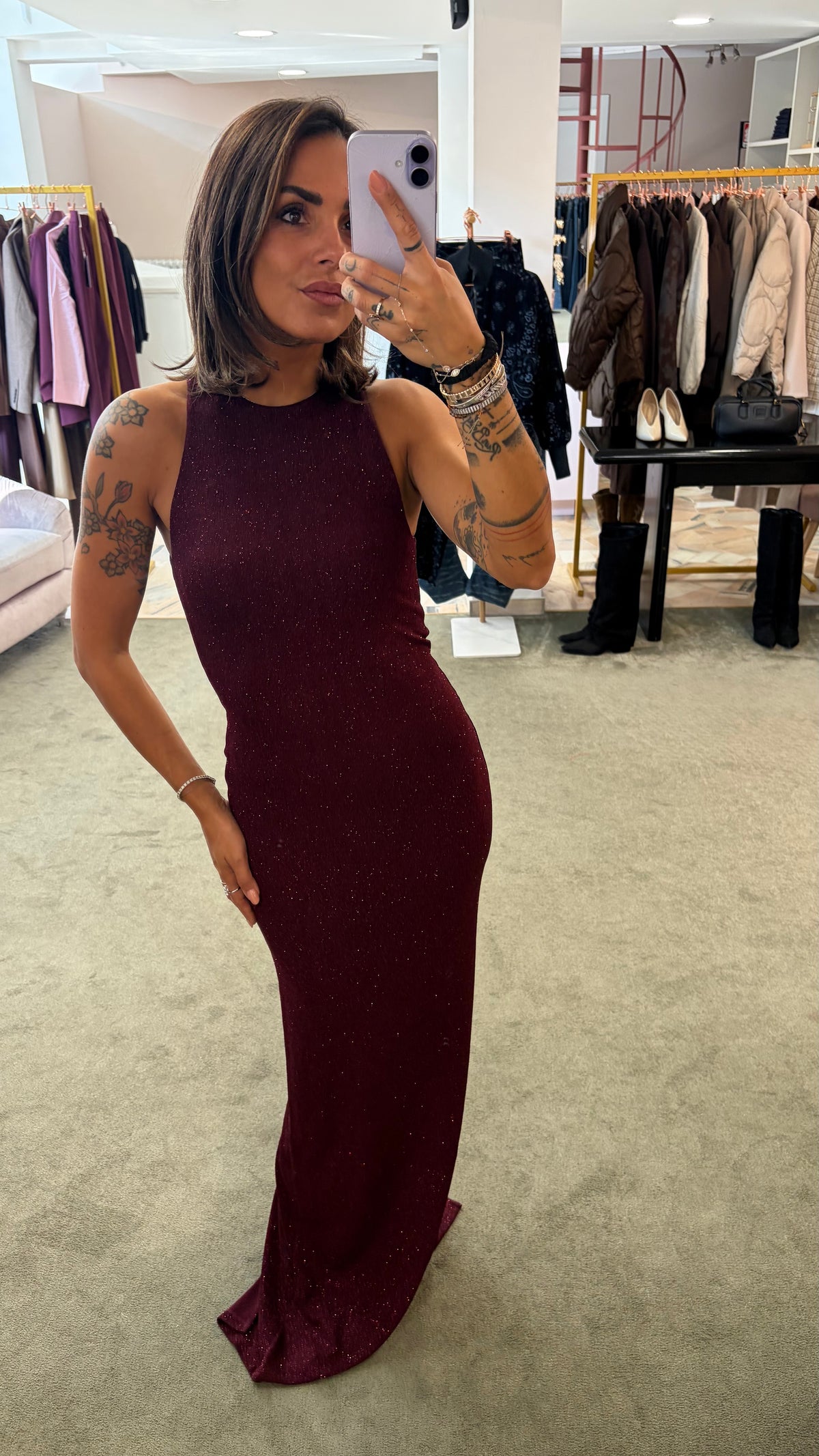 Abito lungo bordeaux lurex scollo all'americana ks