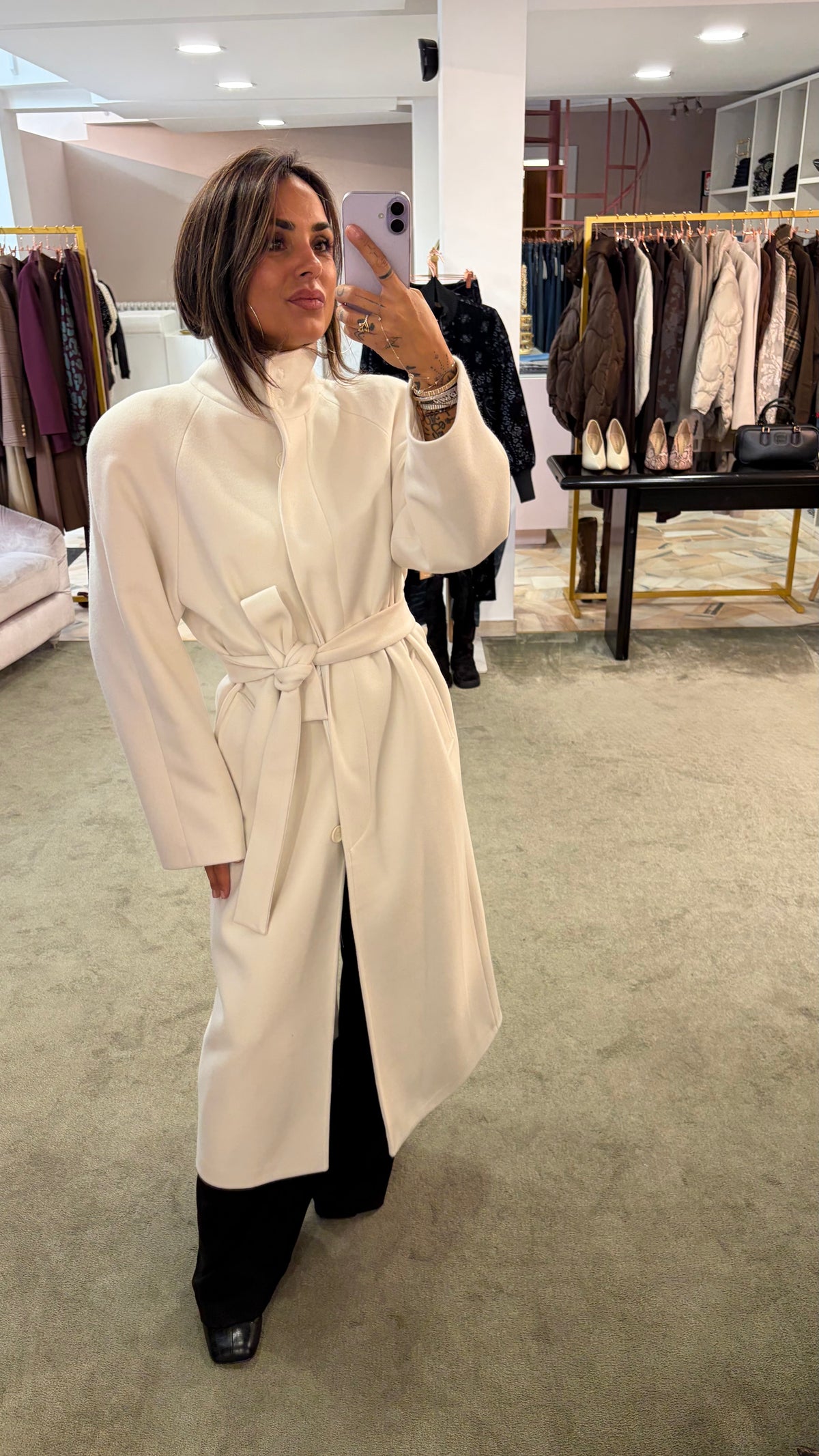 Cappotto lungo panna con cintura Actualee
