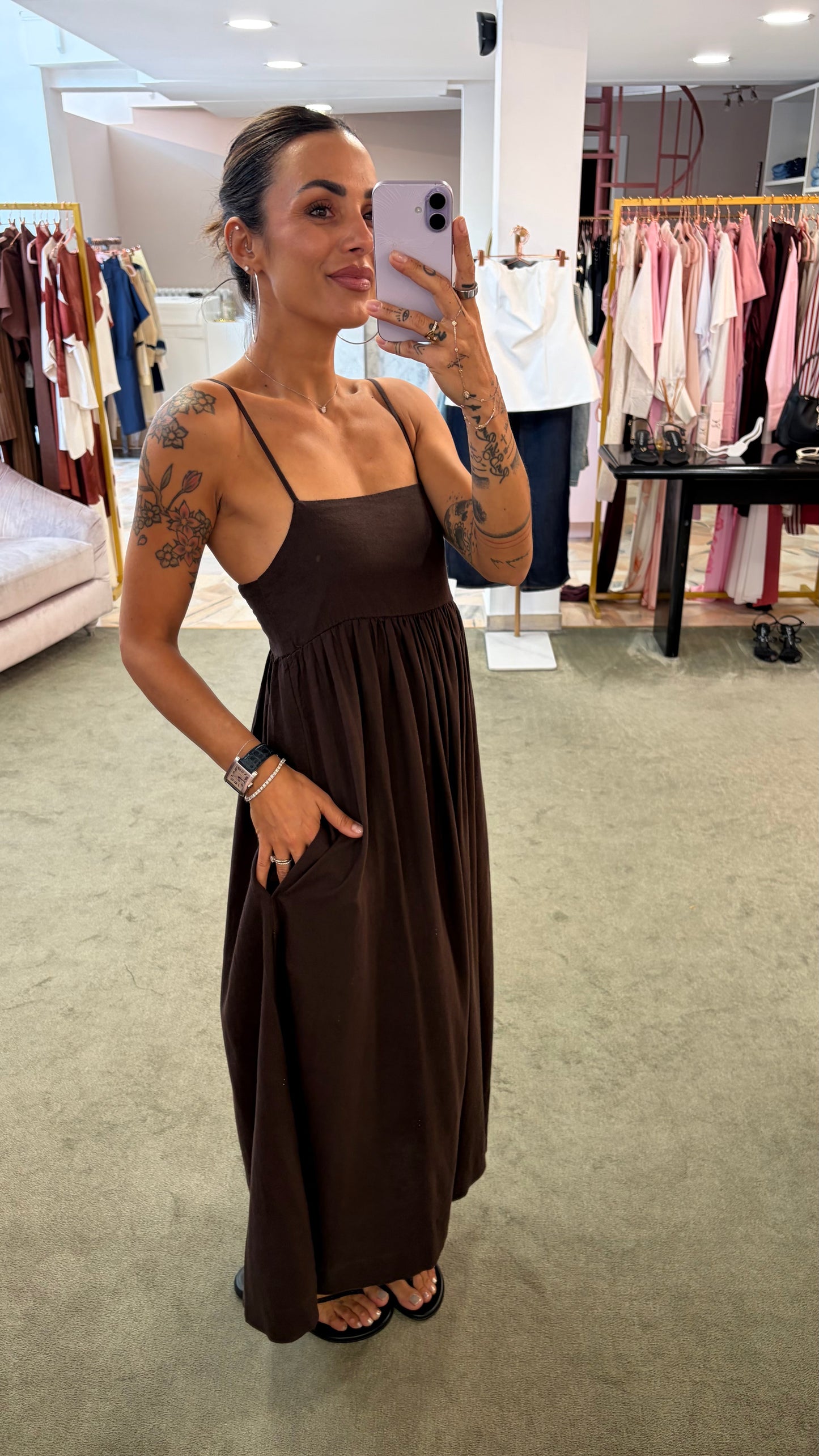 Abito midi marrone in viscosa e lino jx