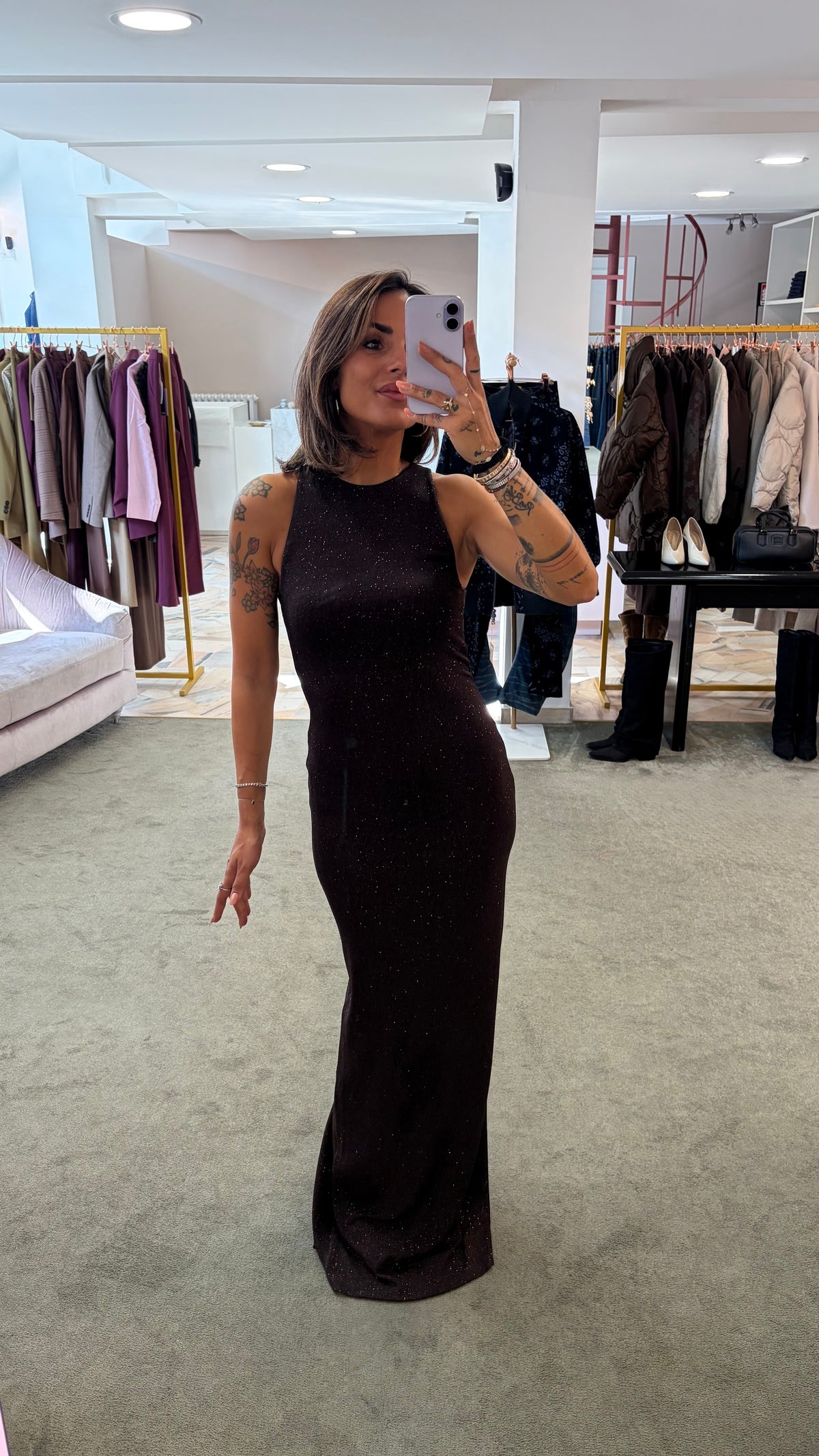 Abito lungo marrone lurex scollo all'americana ks