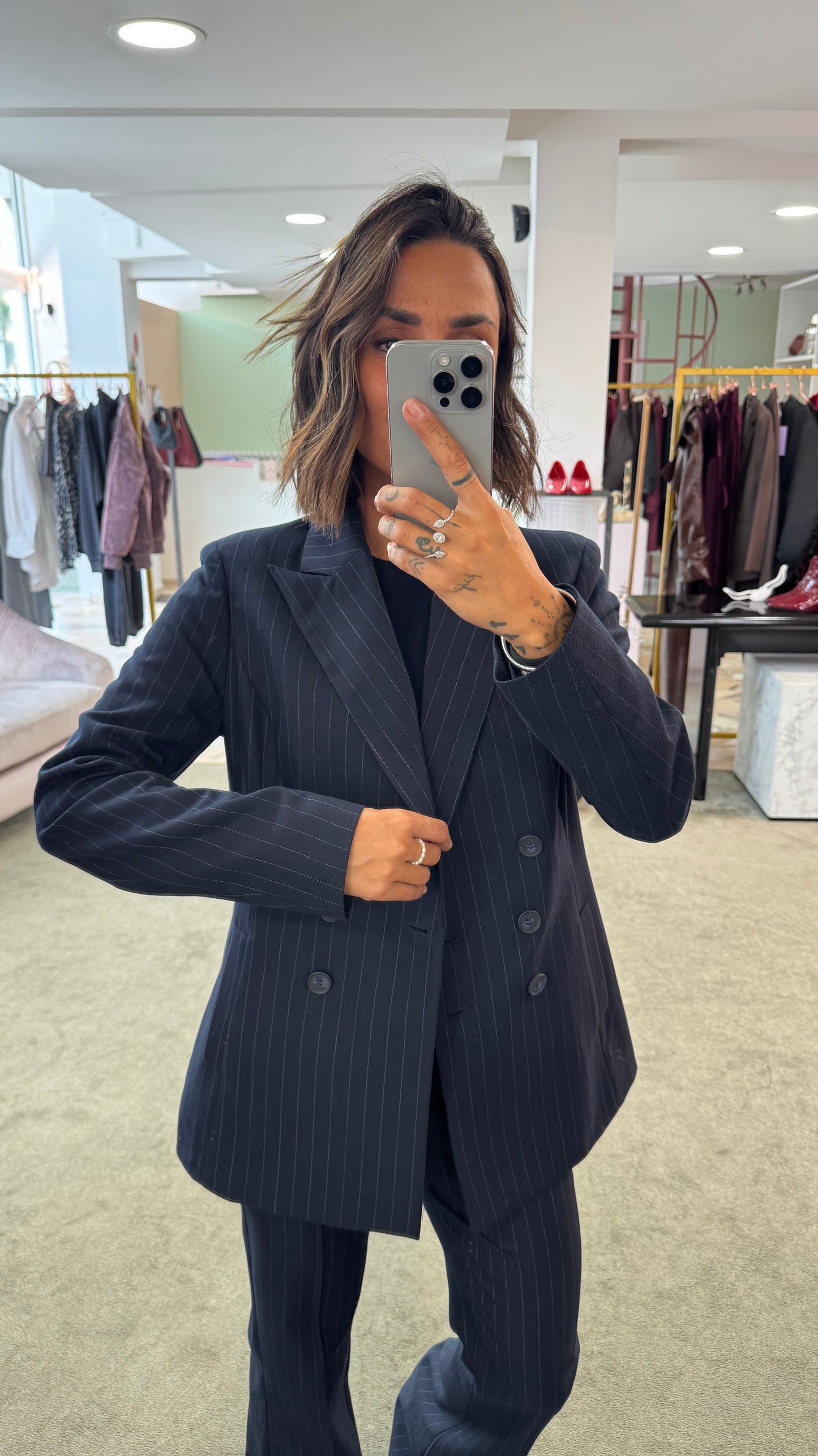Pantaloni blu gessati a zampa fr