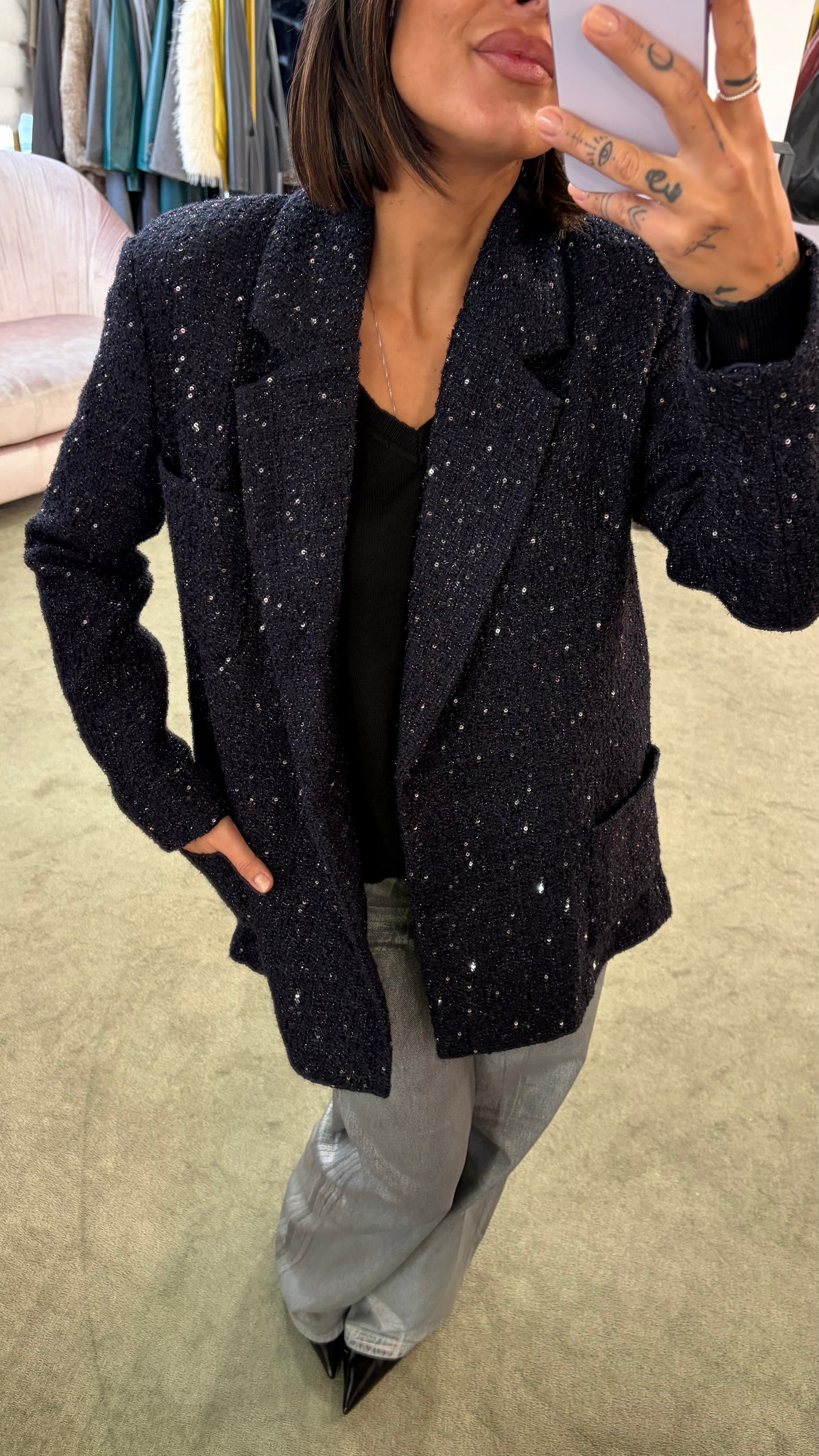 Blazer blu notte oversize in bouclè tw