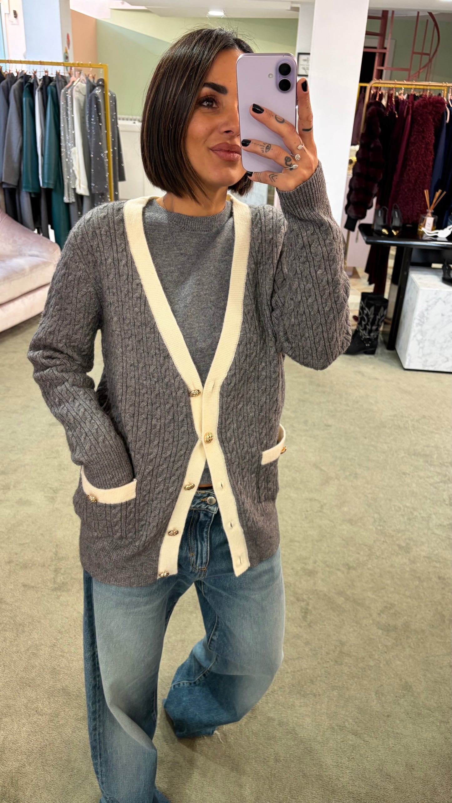 Cardigan over grigio a trecce fr