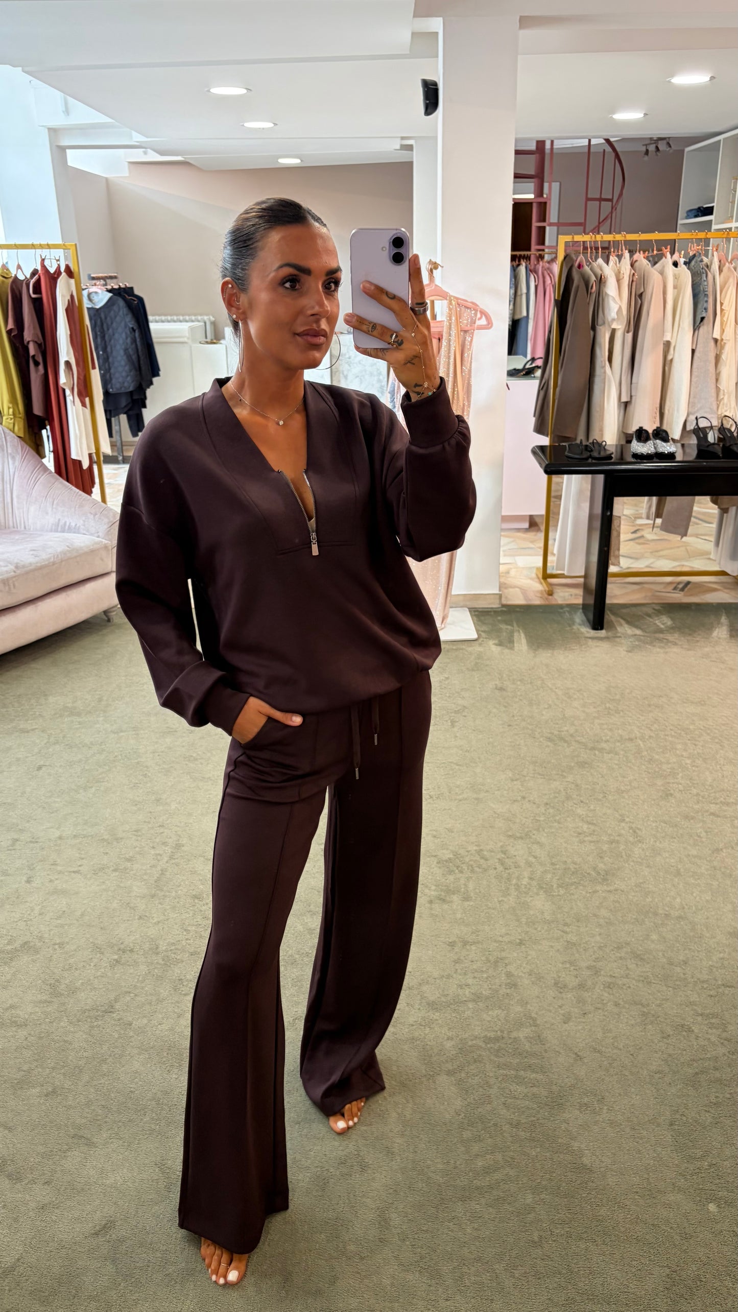 Felpa scollo a v con zip vinaccia bordeaux  in modal sy