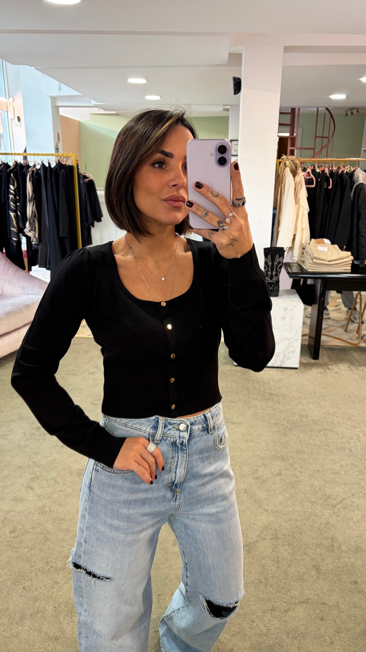Cardigan mini nero scollo squadrato fr