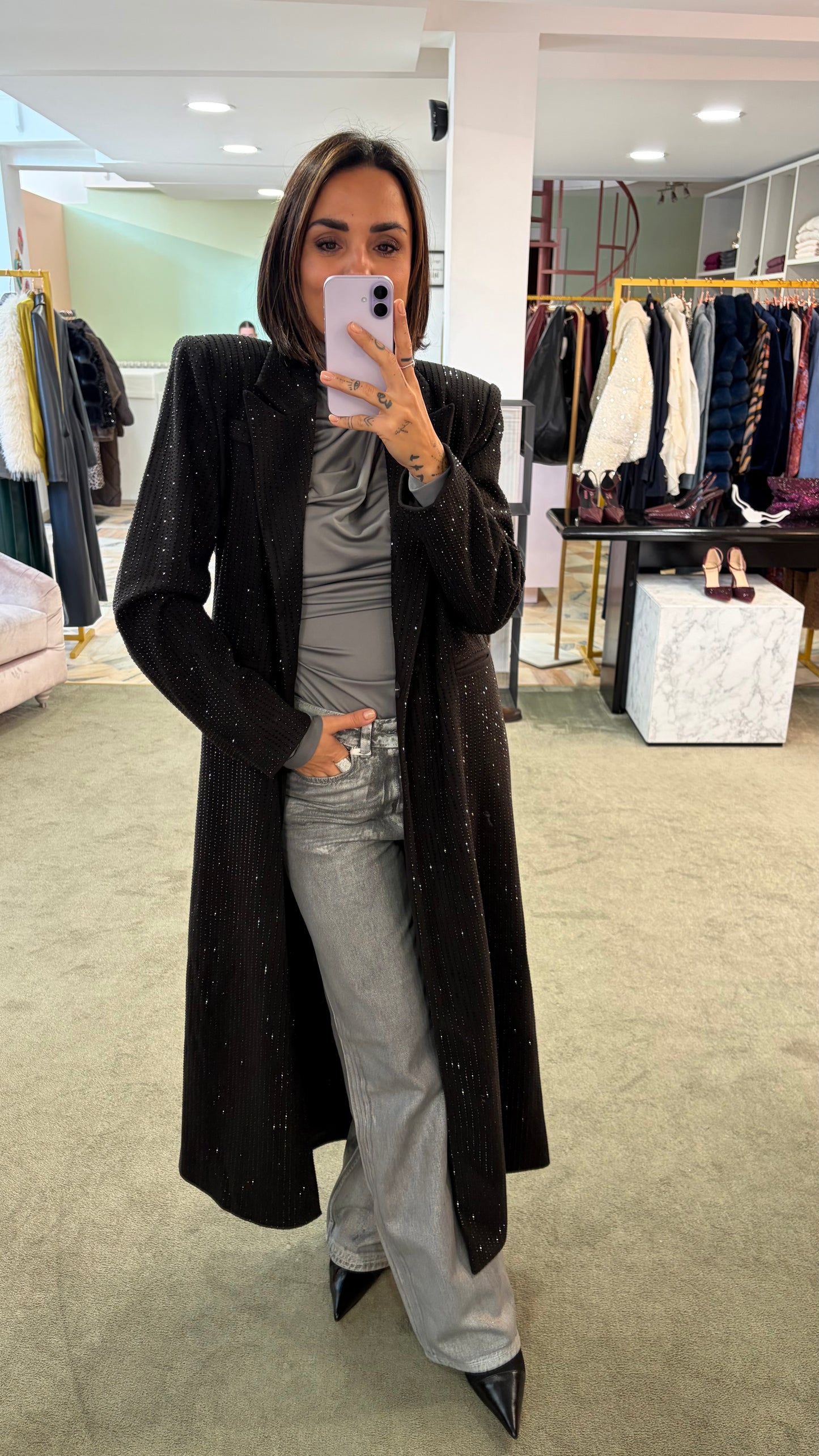 Cappotto lungo nero cristalli tw