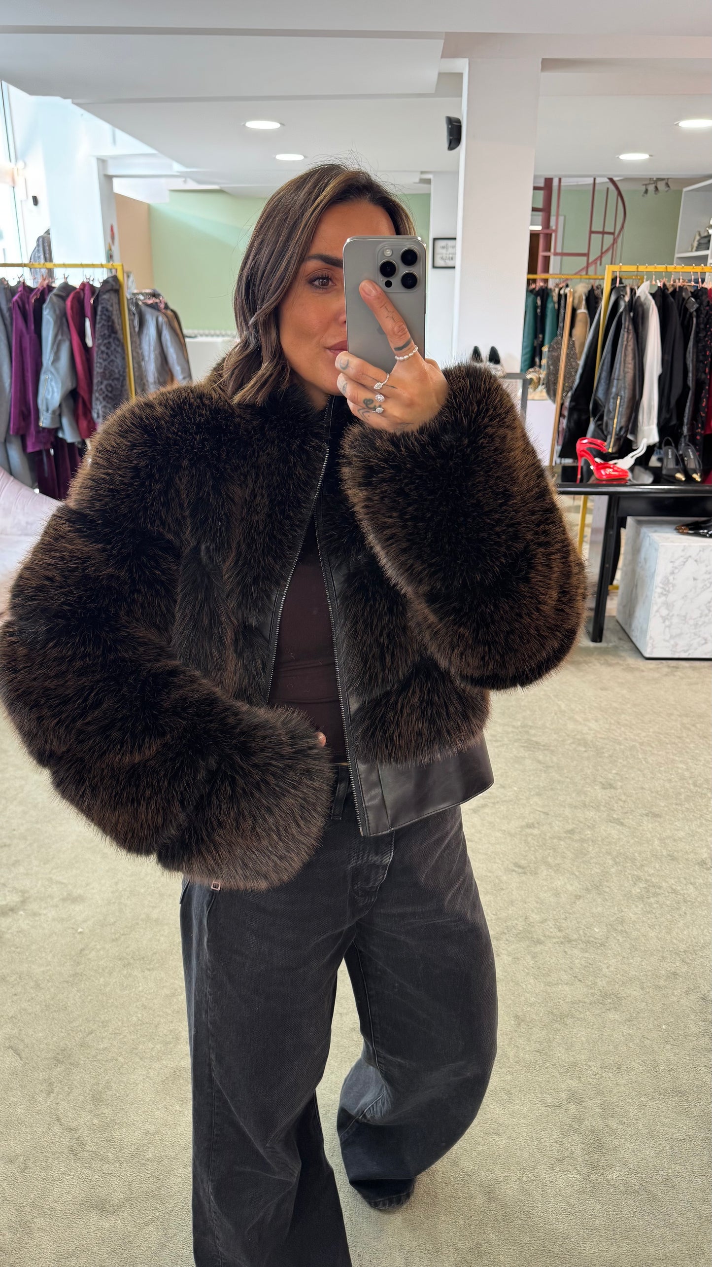 Bomber in pelliccia eco marrone luxury effetto fox un