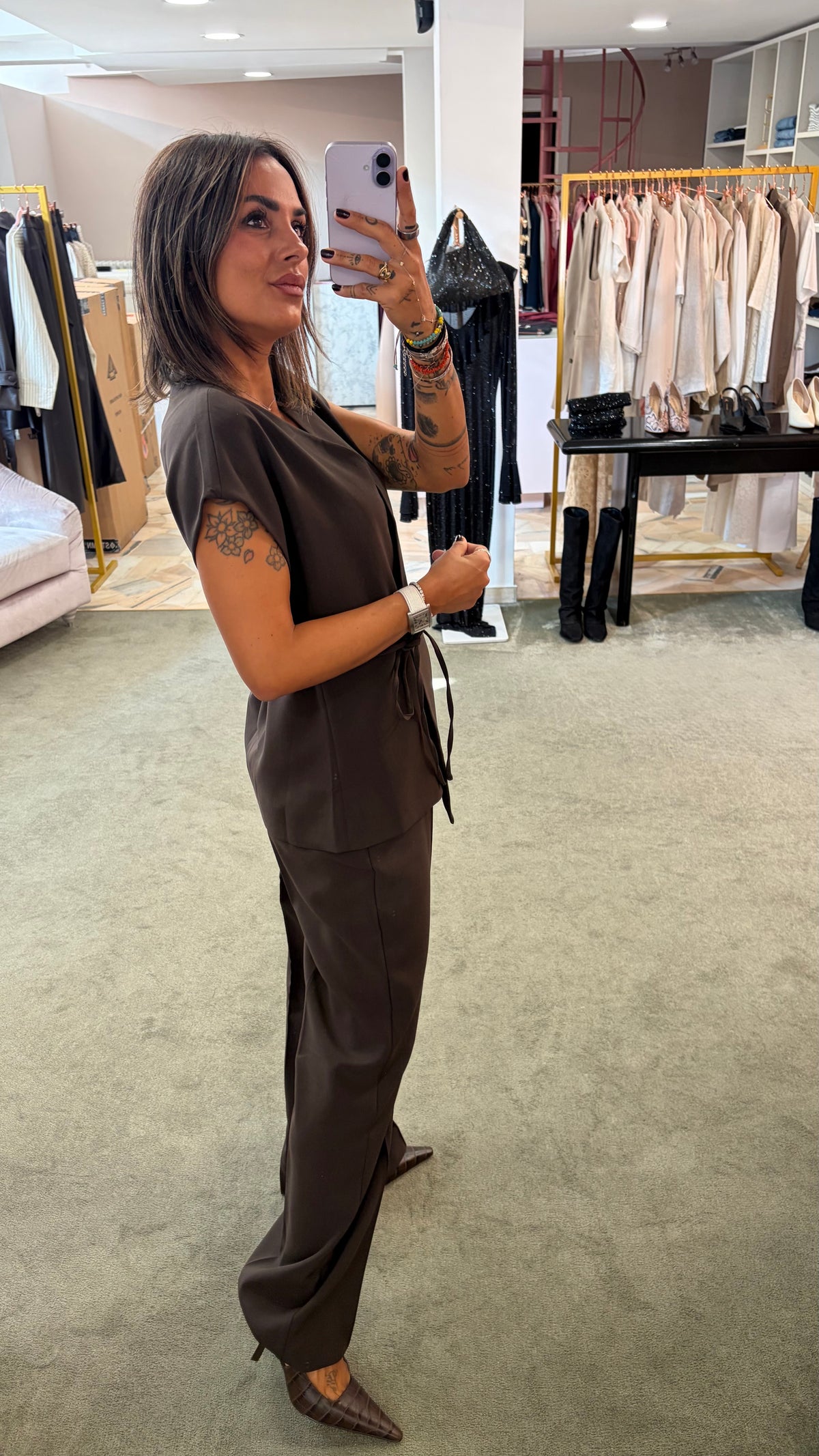 Gilet a chimono marrone testa di moro con cinturina aw