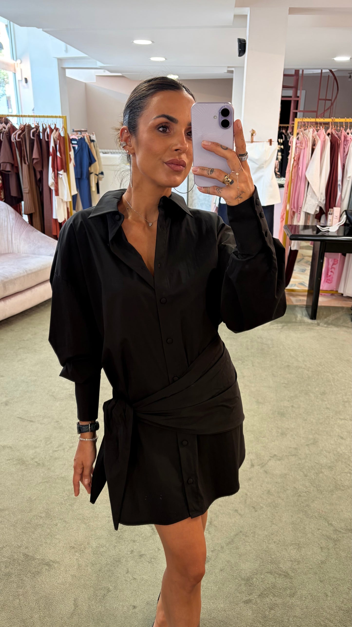 Abito camicia nero con pareo in popeline ks