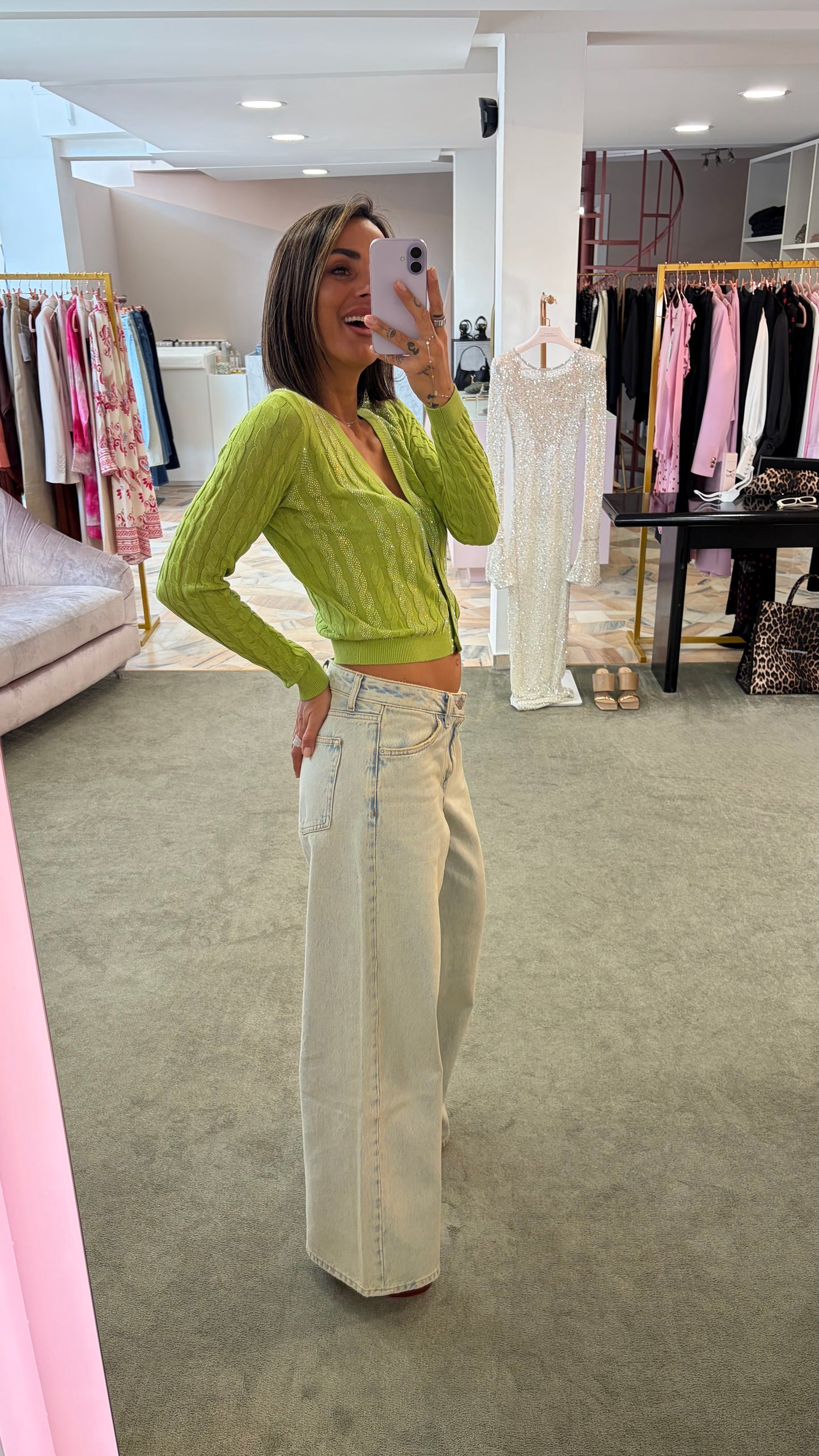 Cardigan verde lime a trecce crystal fr