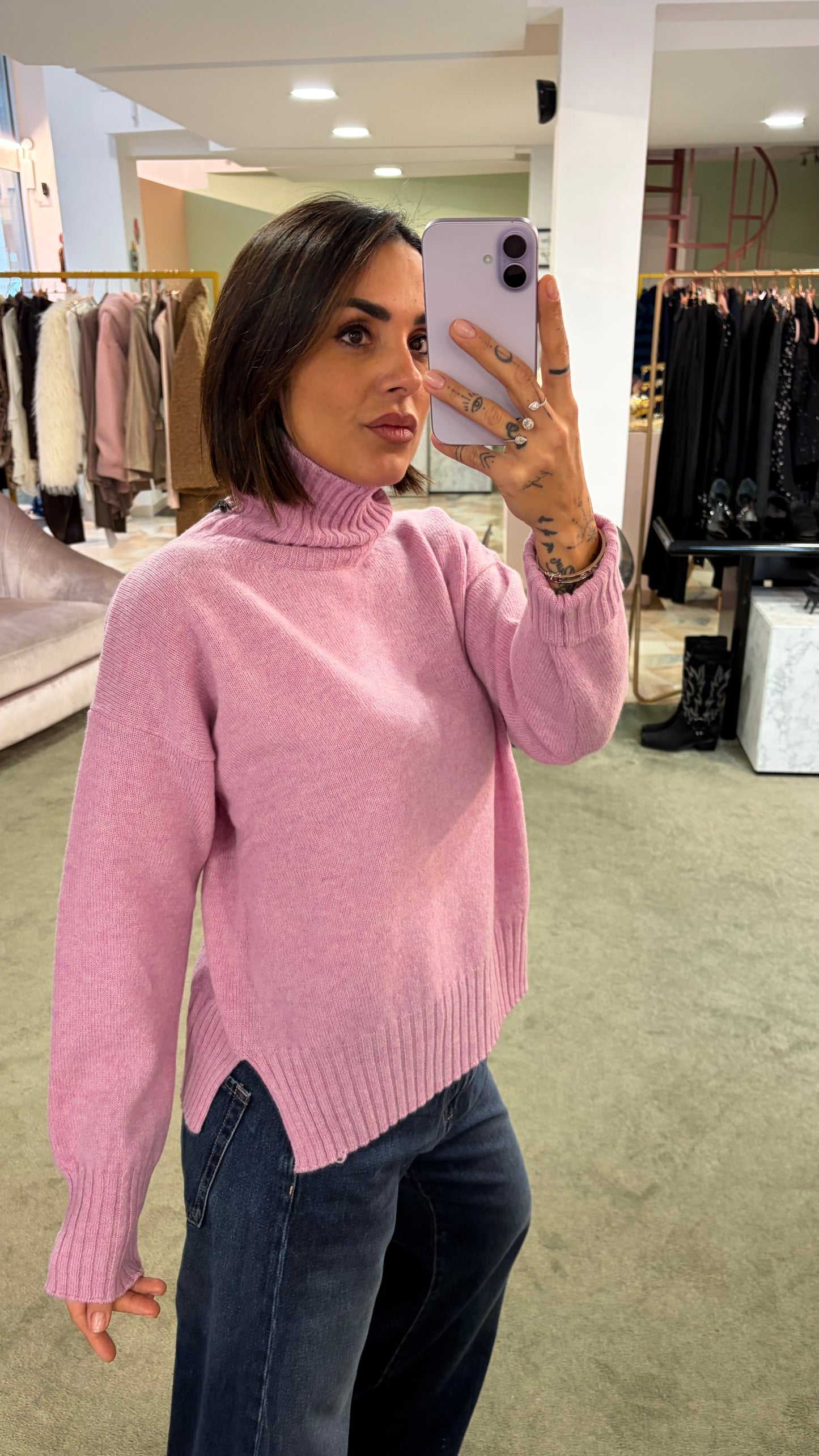 Dolcevita rosa peonia a scatoletta in lana Irish