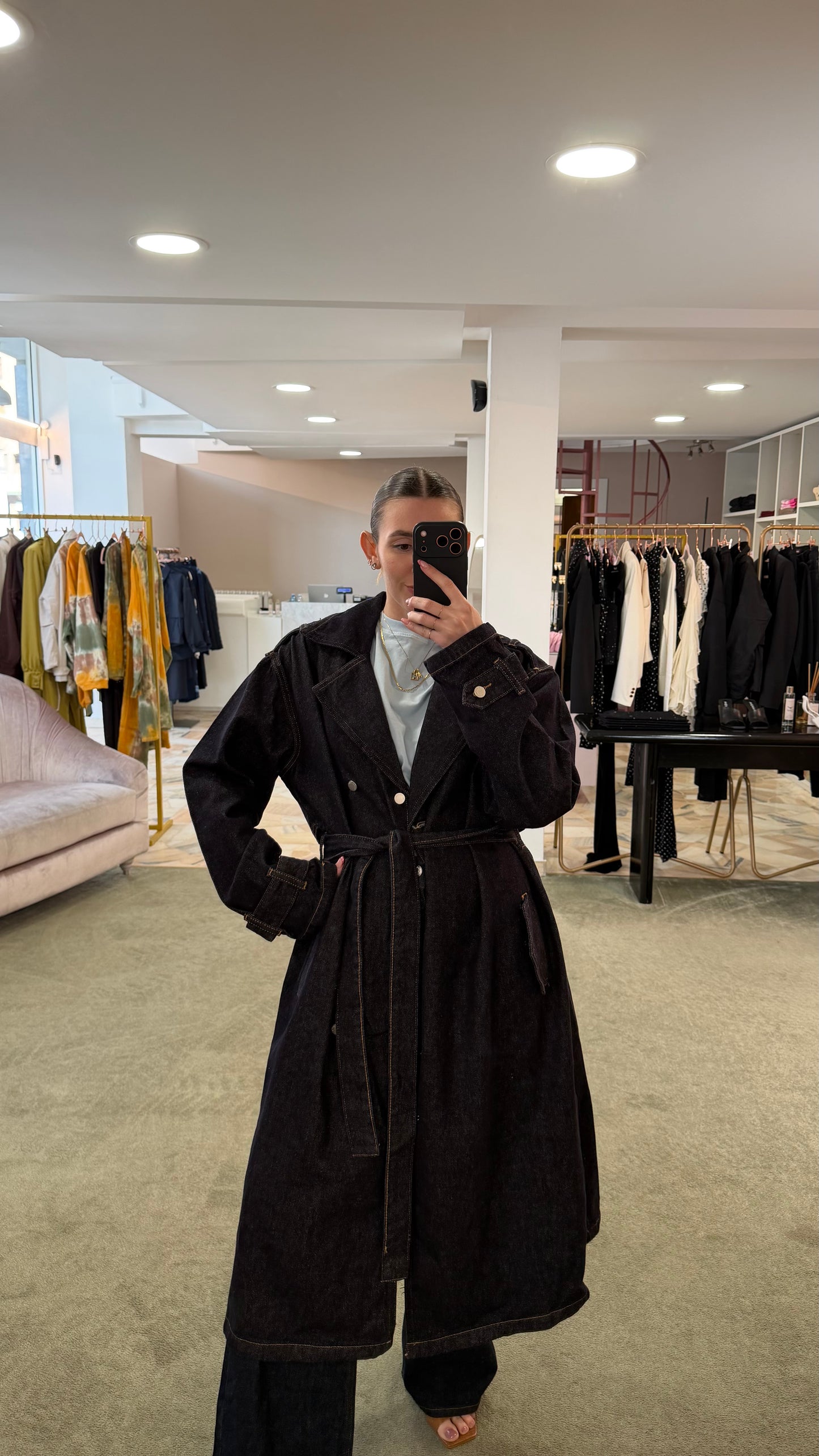 Trench lungo in jeans blu scuro gl
