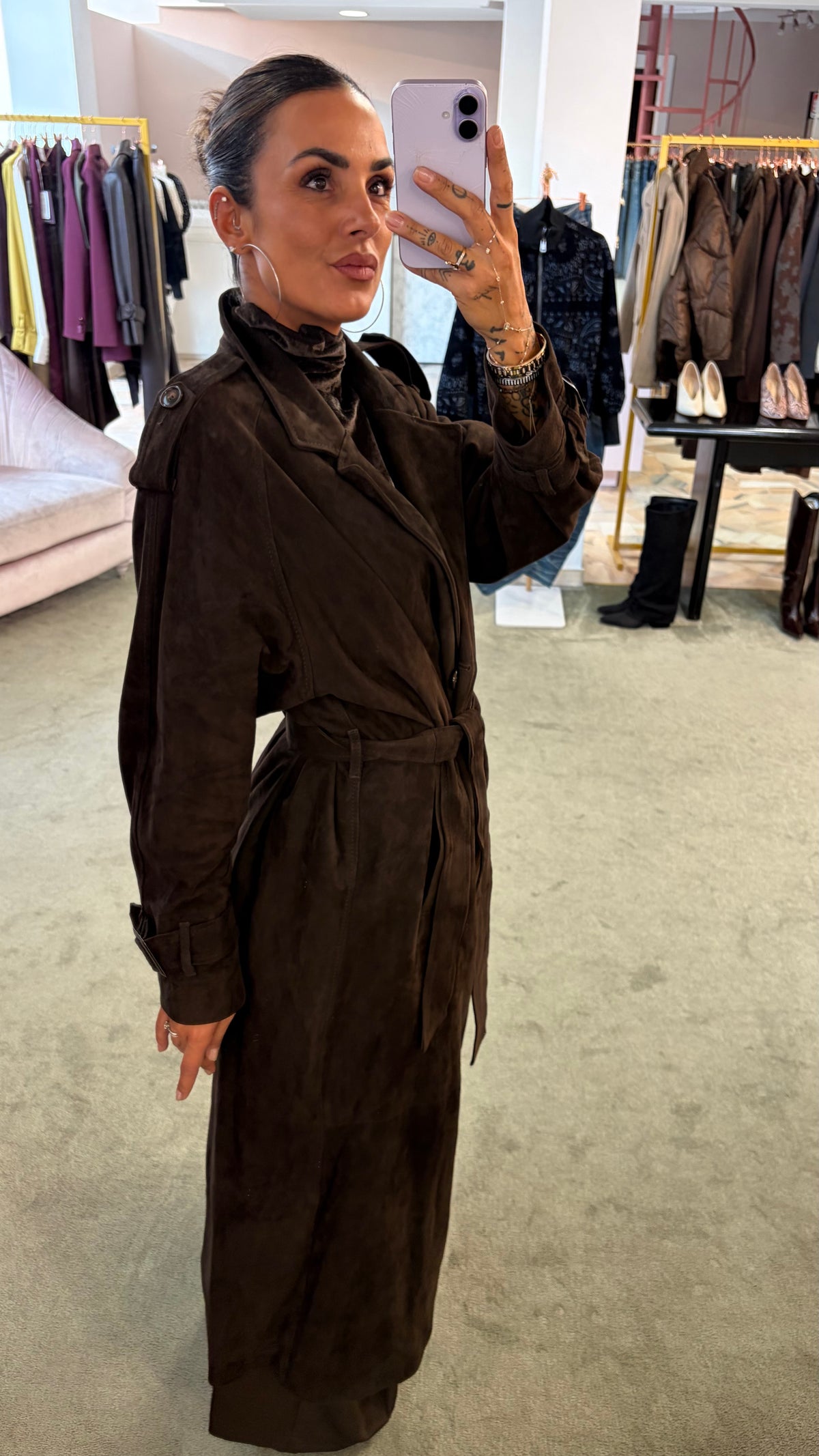 Trench marrone testa di moro lungo con cintura in pelle scamosciata Marsem