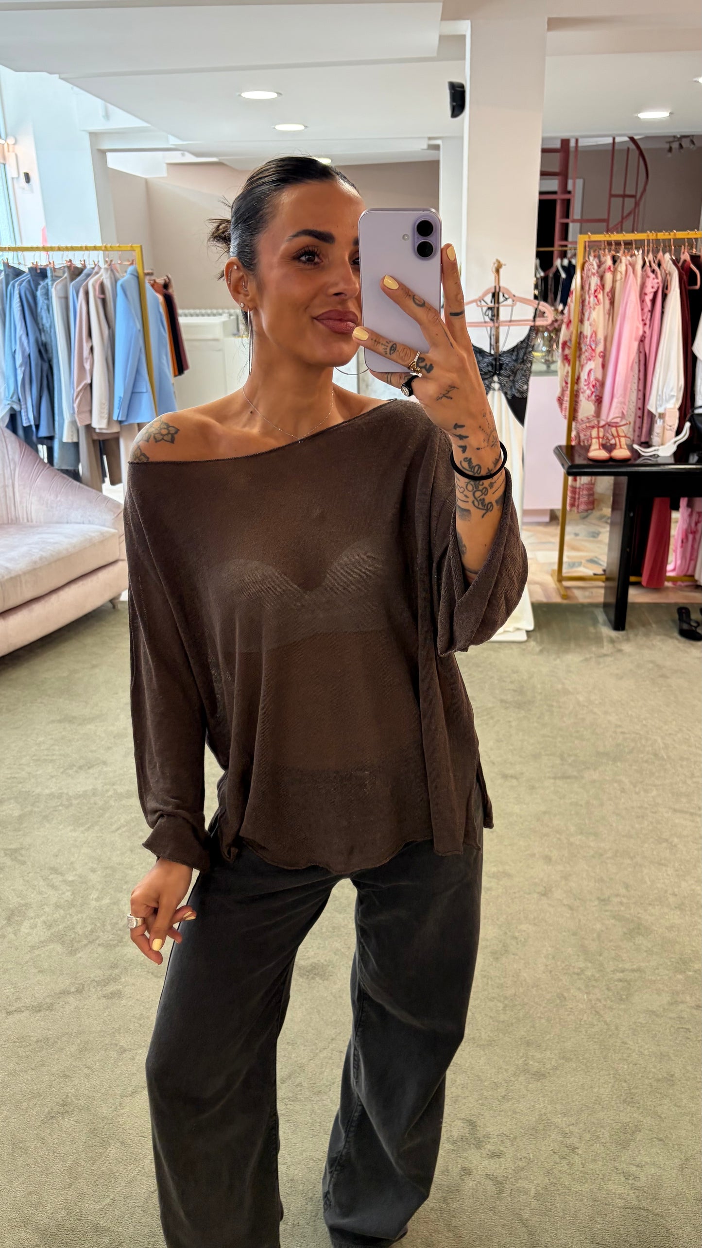 Maglia marrone cacao scollo a barchetta in lino fy