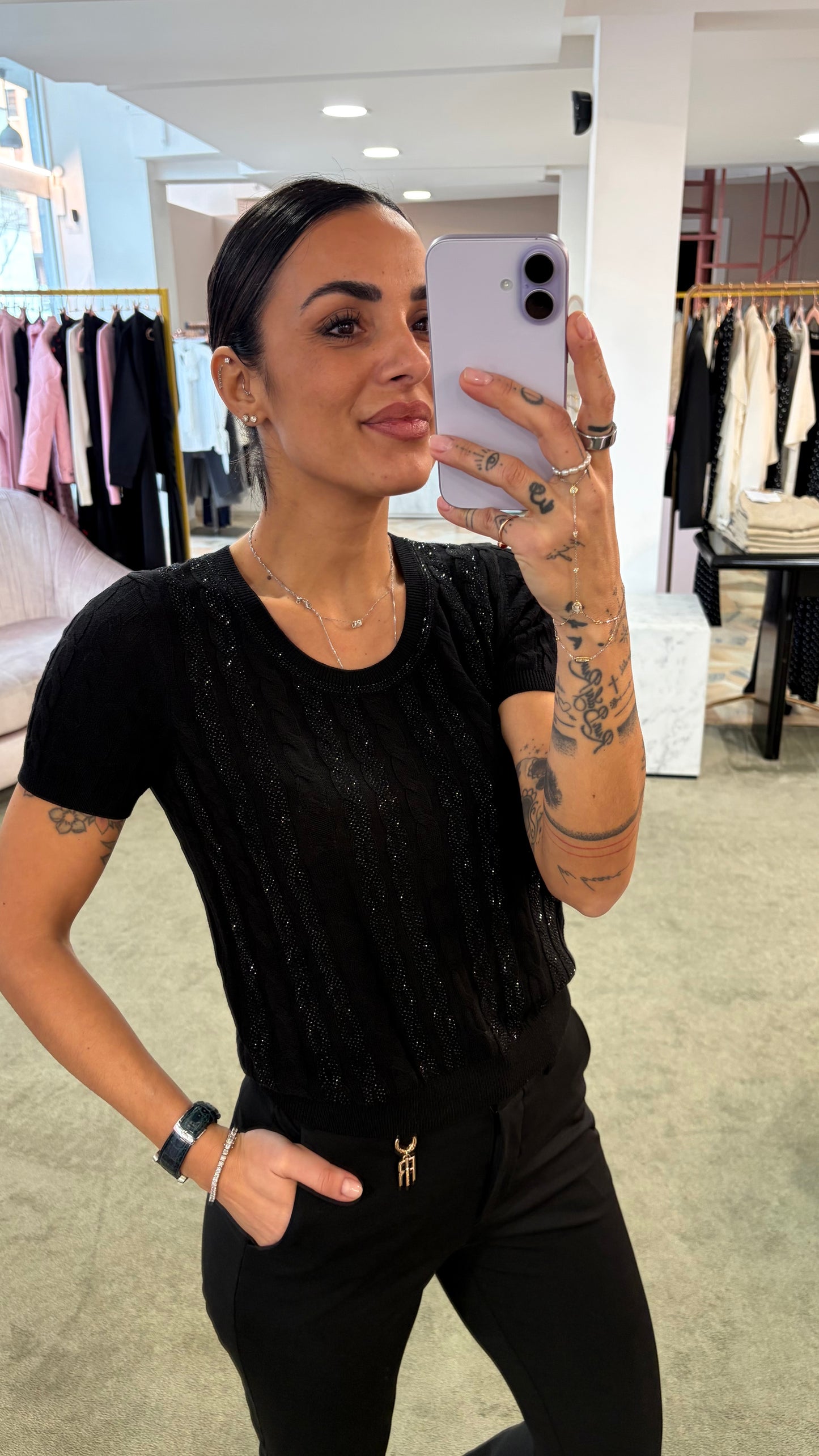 Maglia nera manica corta a trecce crystal fr