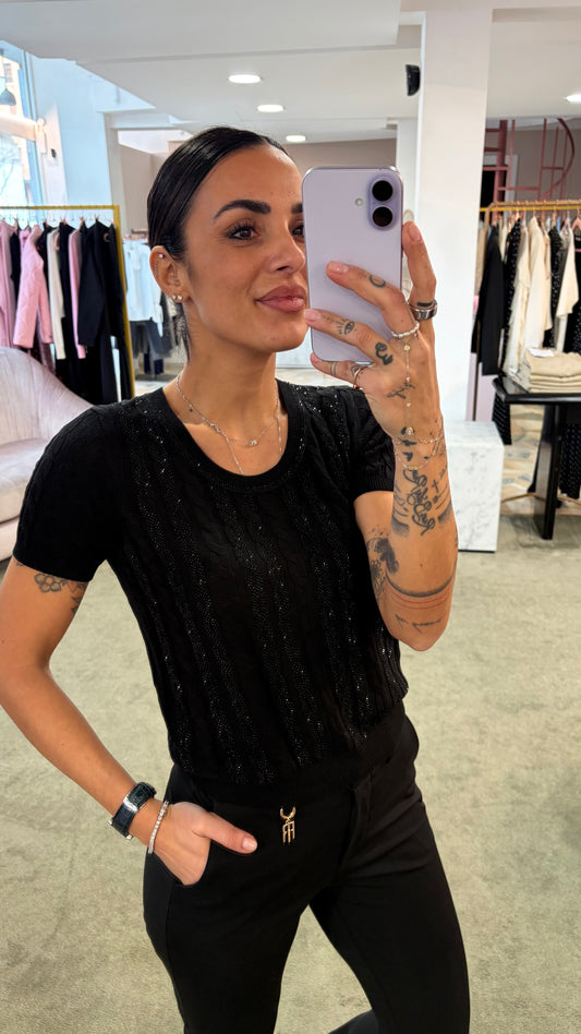 Maglia nera manica corta a trecce crystal fr