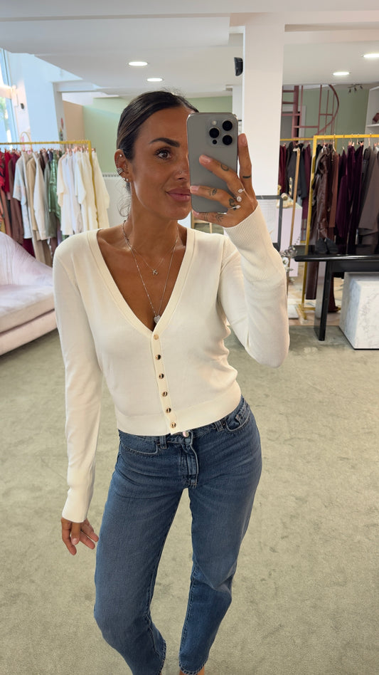 Cardigan crop panna con bottoncini oro fr