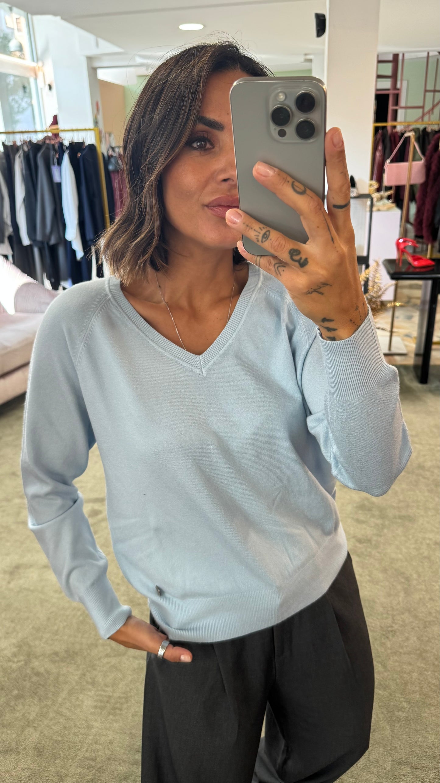 Maglione scollo a v azzurro tk