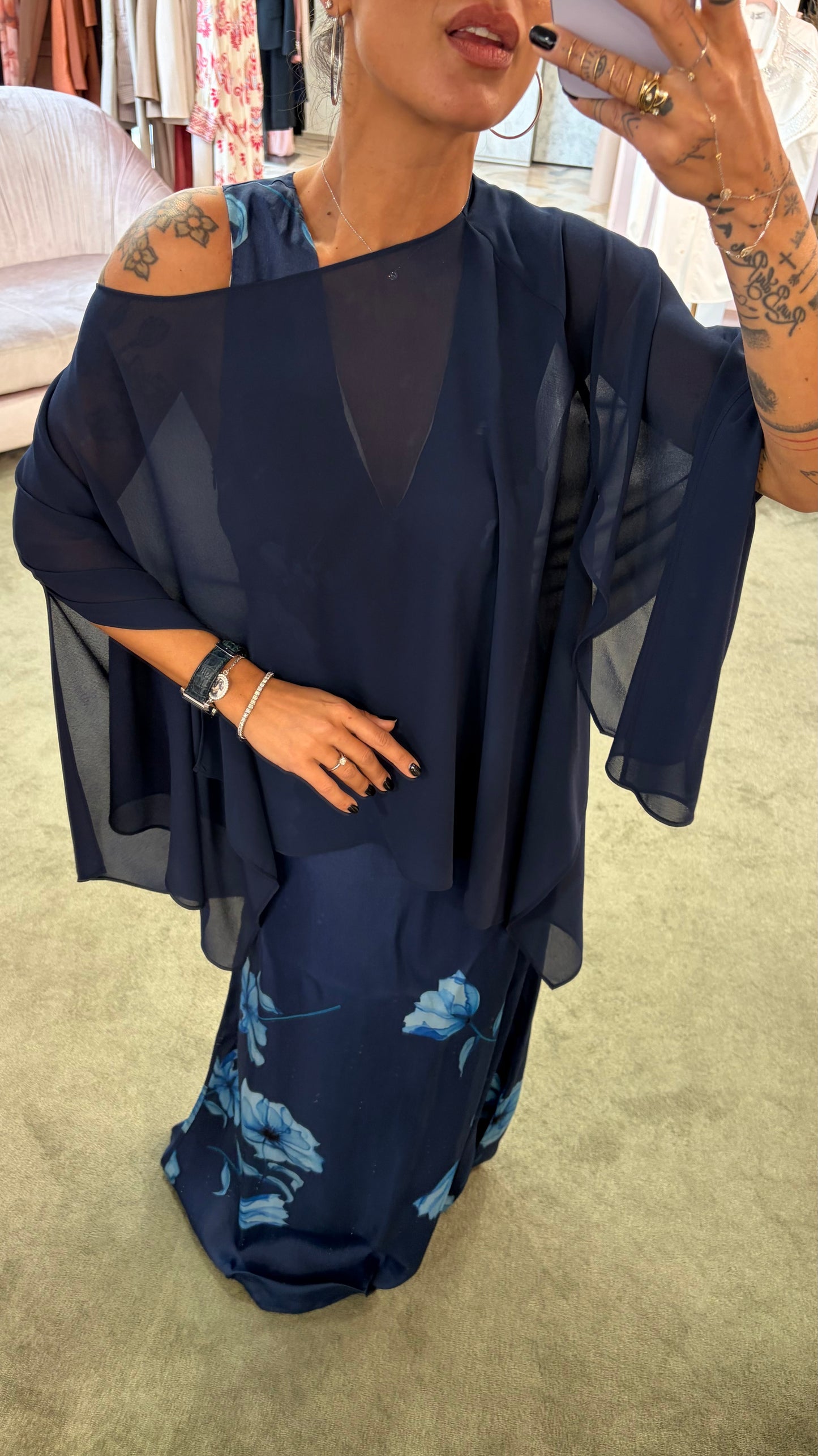 Abito ines lungo MAR DE MARGARITAS blu con fiori azzurri