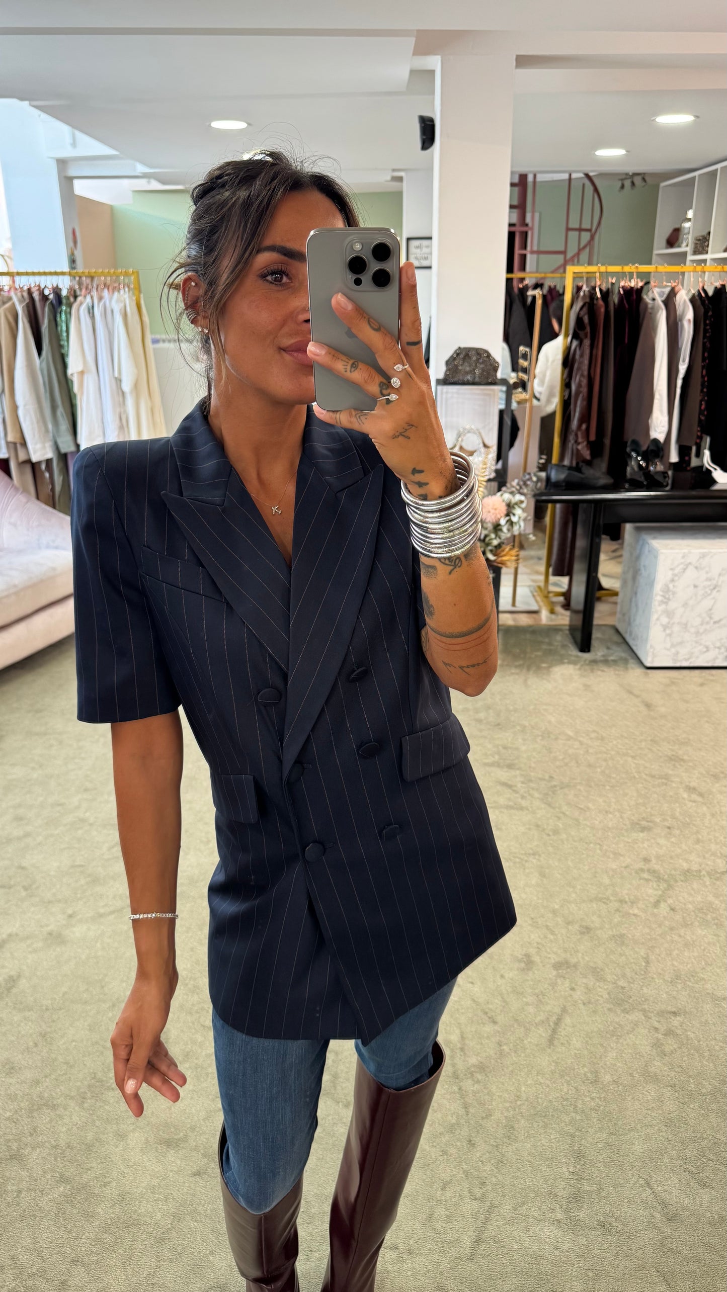 Blazer blu gessato manica corta Actualee