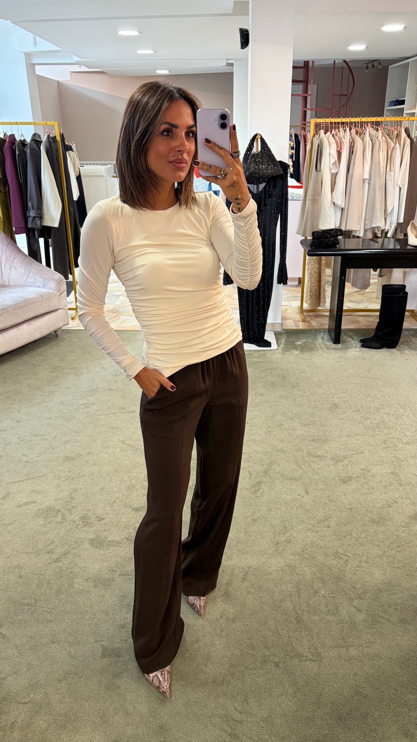 Pantaloni office marroni con elastico in vita sl