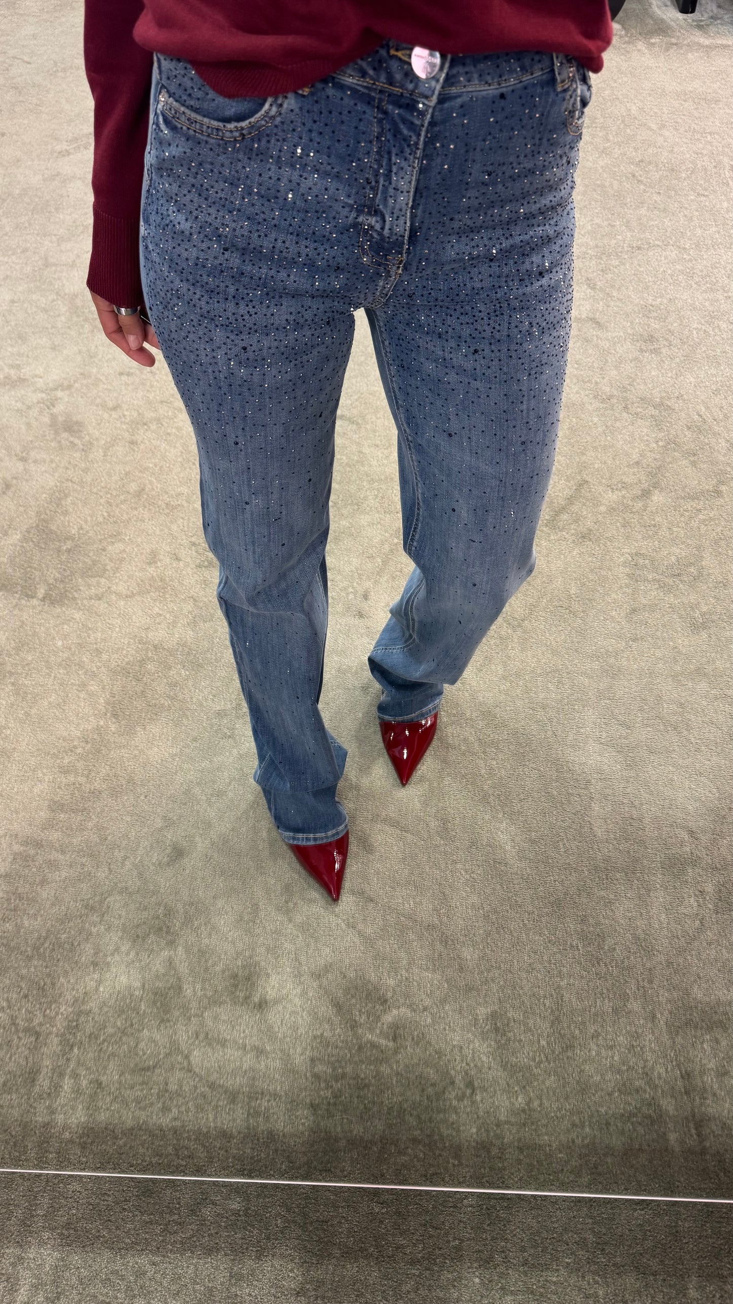 Jeans straight denim medio con cristalli fr