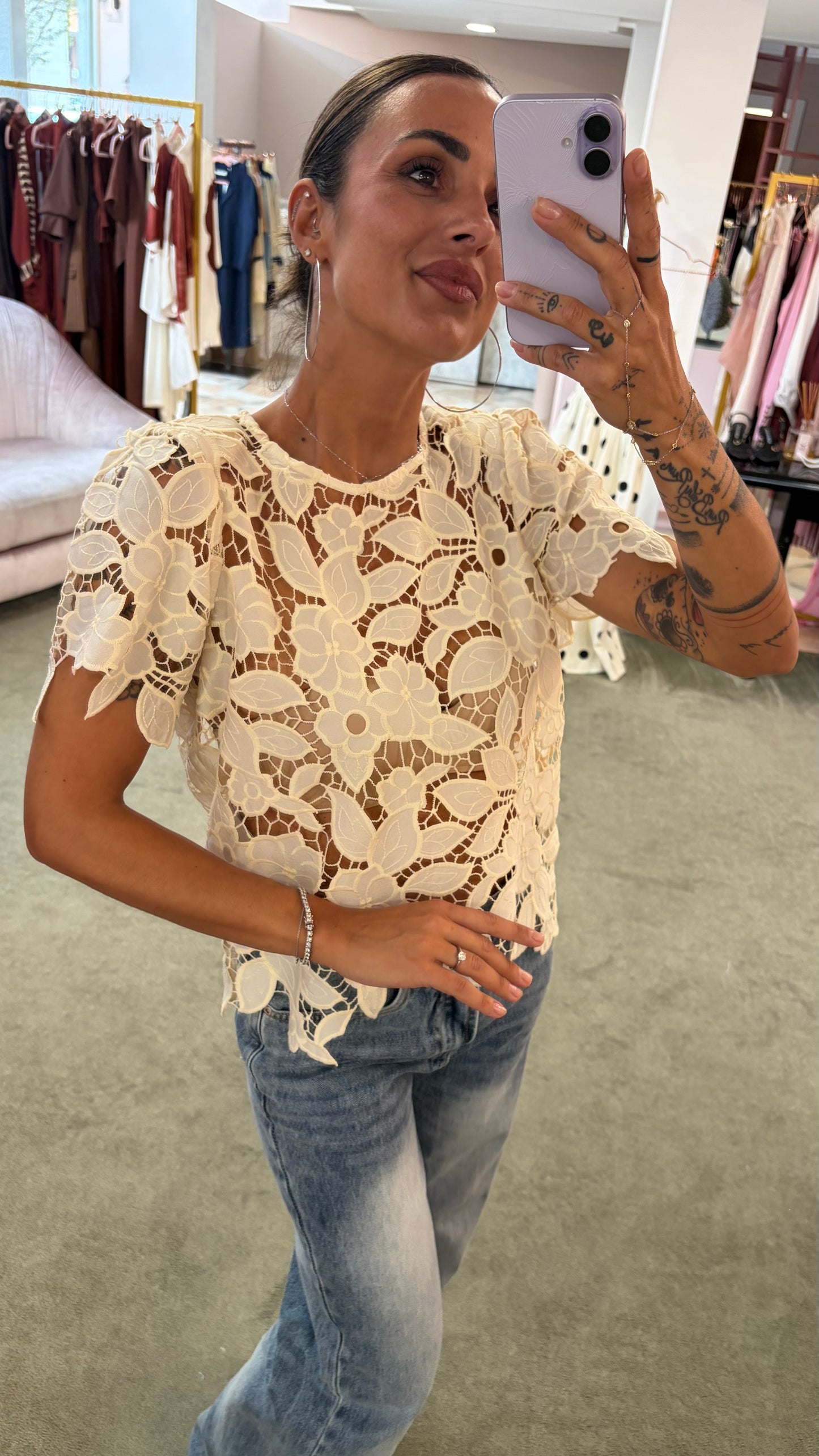 Maglia crema foglie traforata manica corta sy