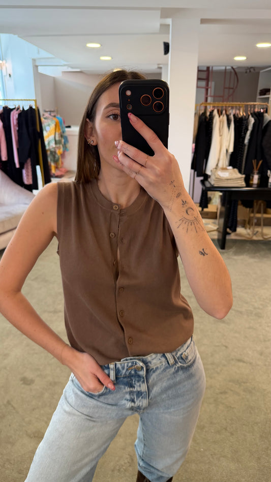 Cardigan fango sbracciato in viscosa jx