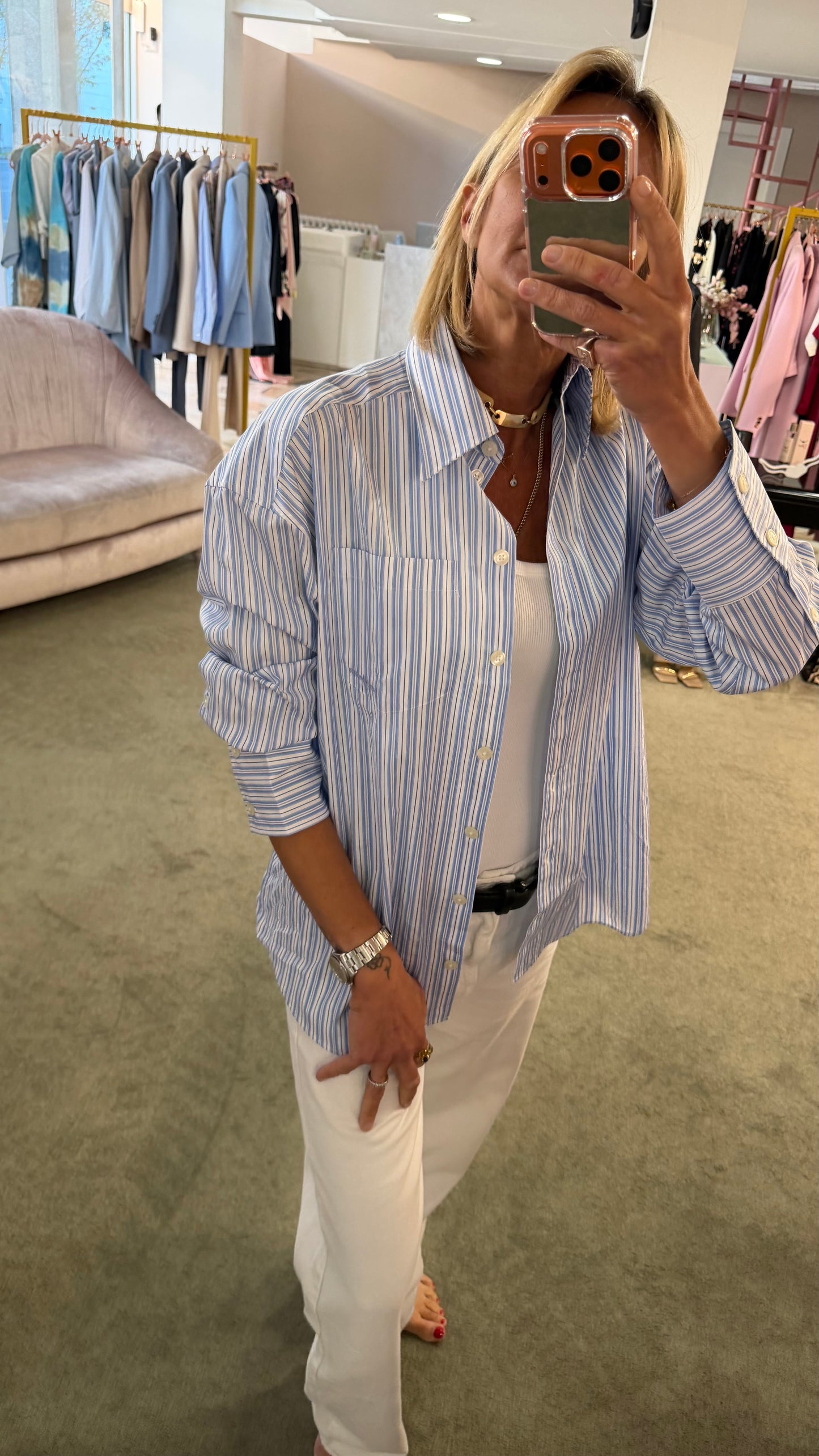 Camicia over a righe azzurra e bianca sl