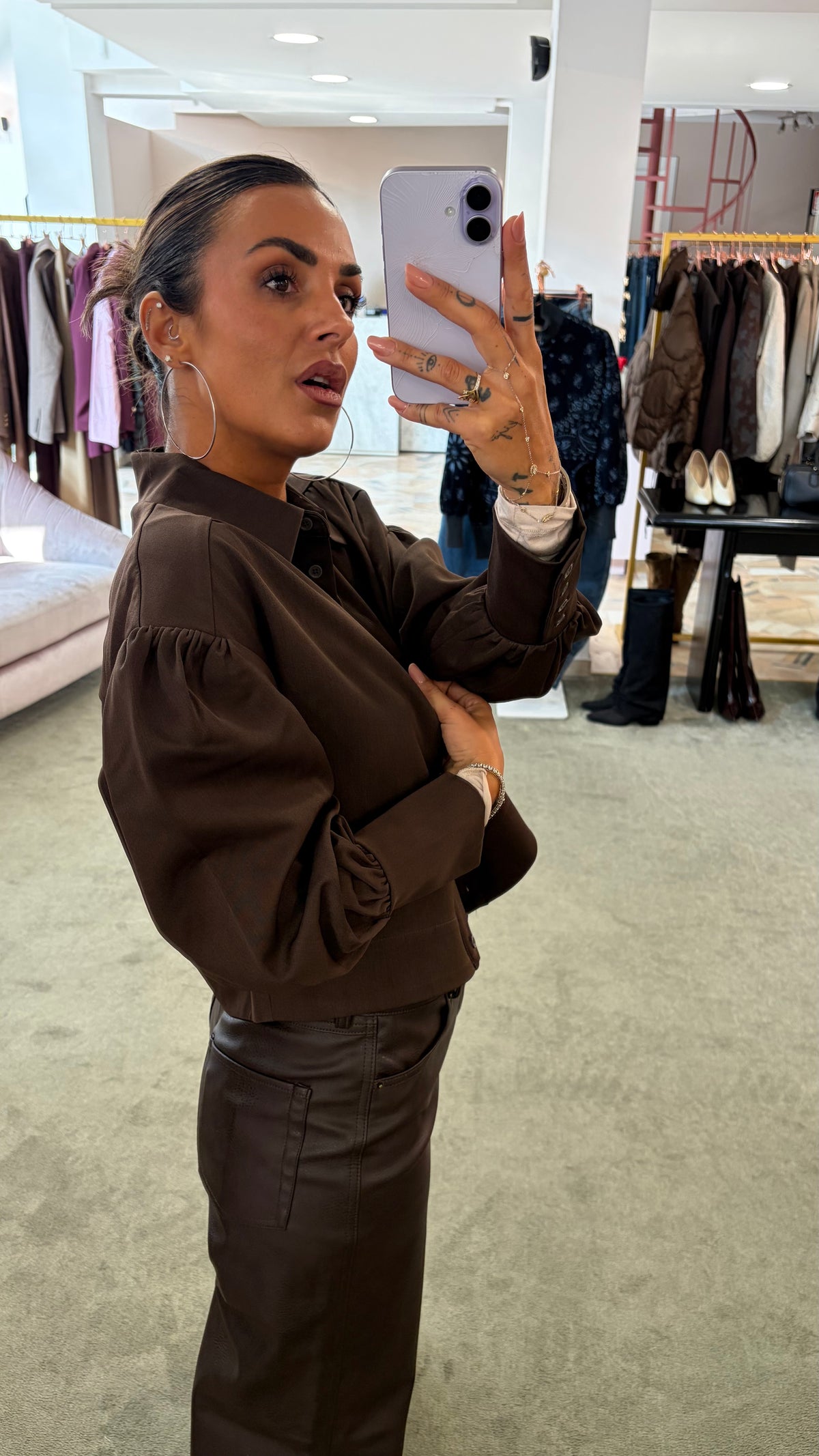 Giacca camicia marrone manica a sbuffo ay