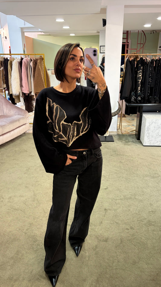 Felpa maglione crop nero con foglia oro mq