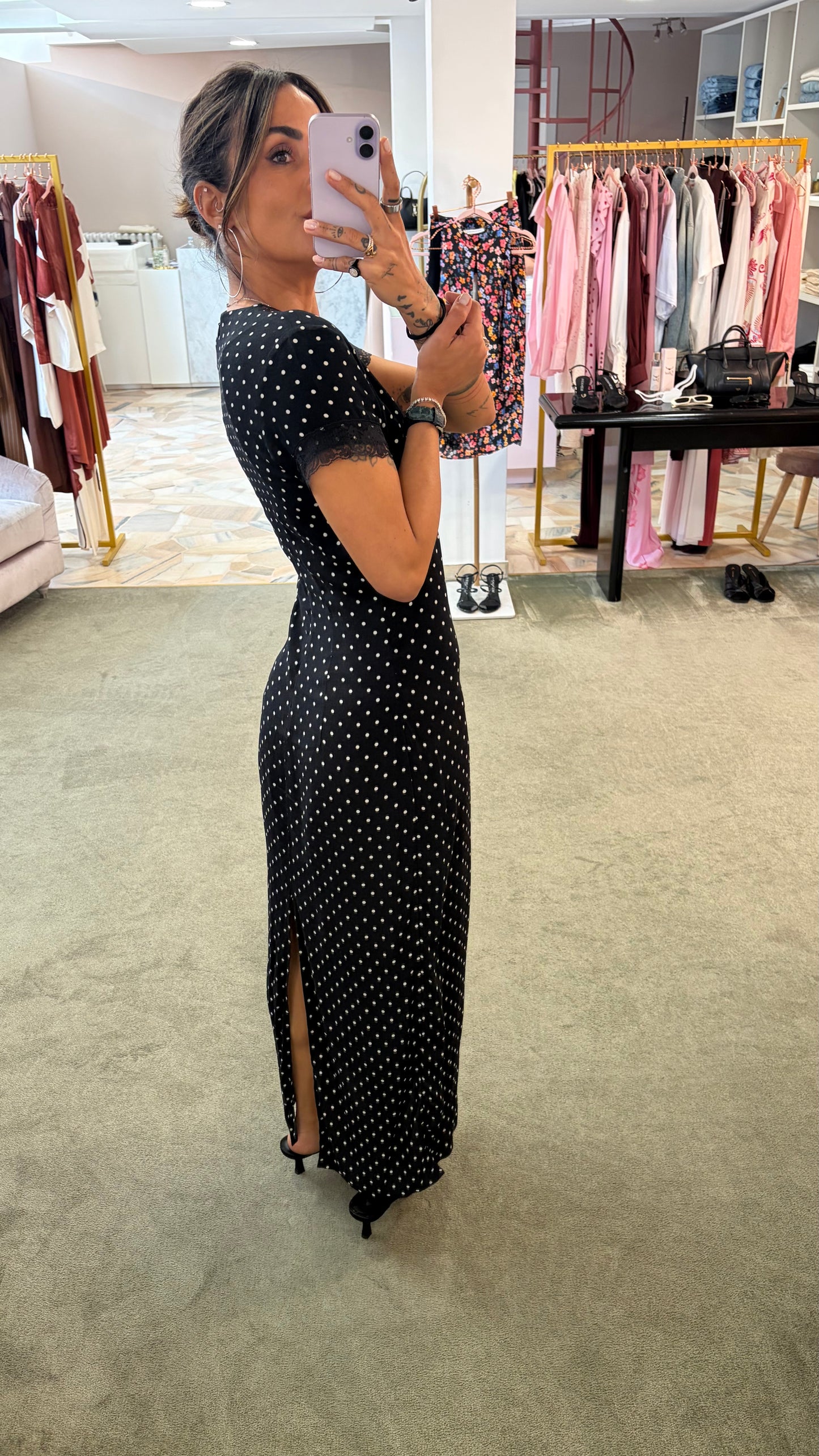 Abito raya midi MAR DE MARGARITAS nero a pois con pizzo