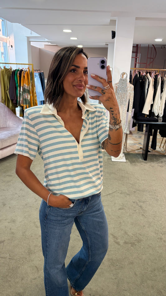Polo bianca e azzurra a righe lurex ks